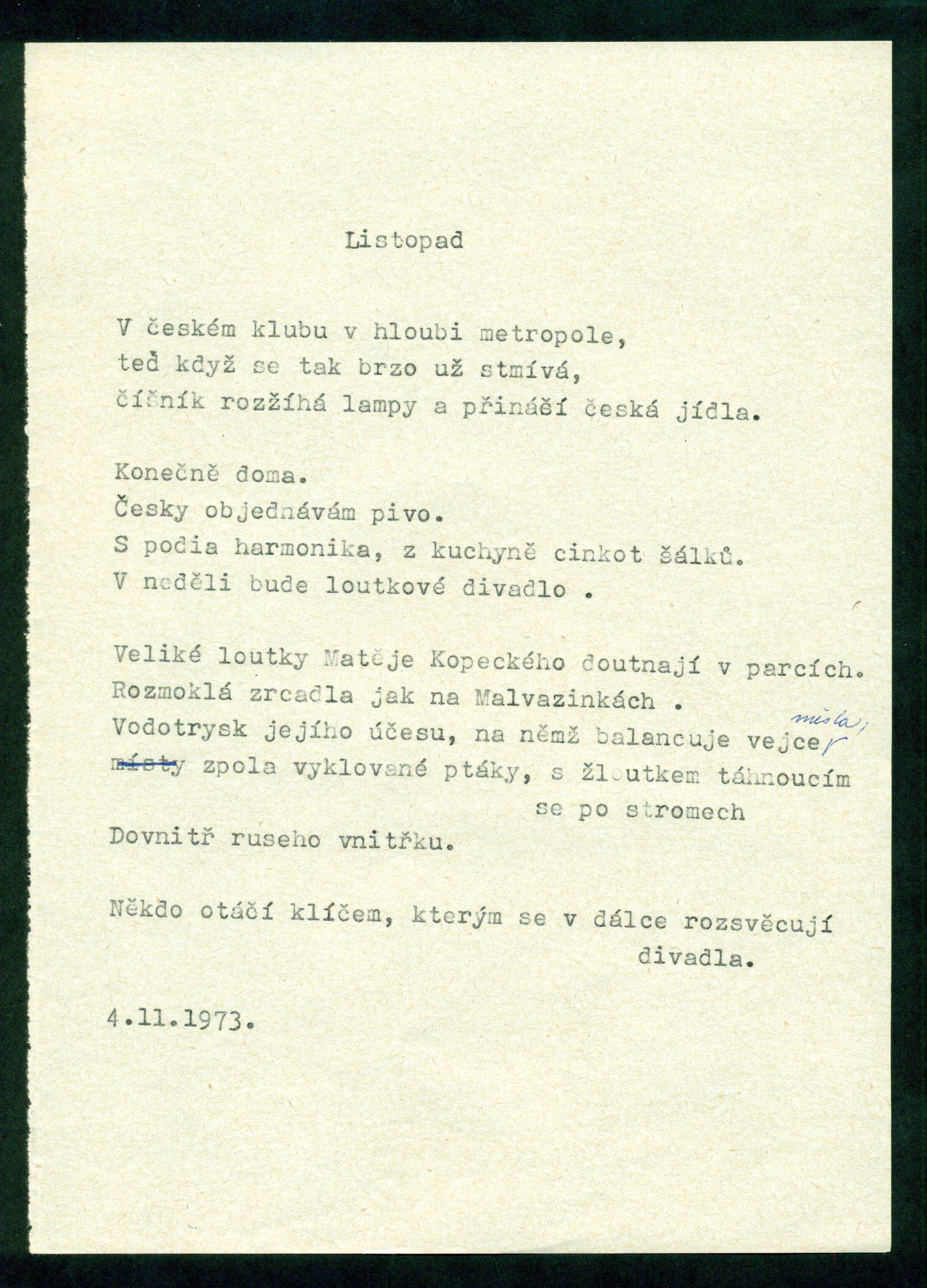 Blatný, Ivan. Old Addresses, 1979