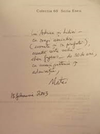 Dedicație către Adrian Marino semnată de Matei Călinescu