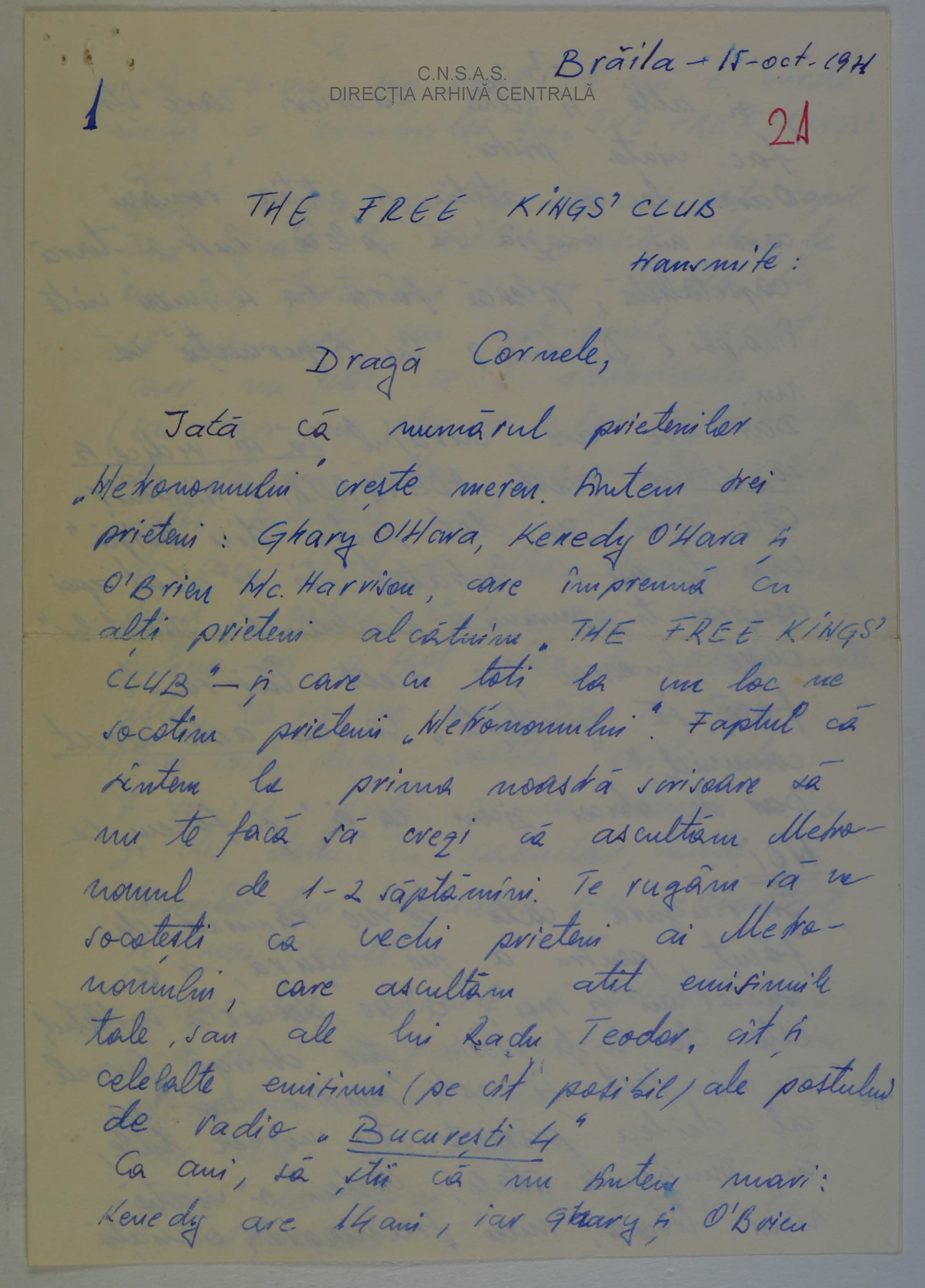 Prima pagină a scrisorii trimise lui Cornel Chiriac de „Free Kings Club”