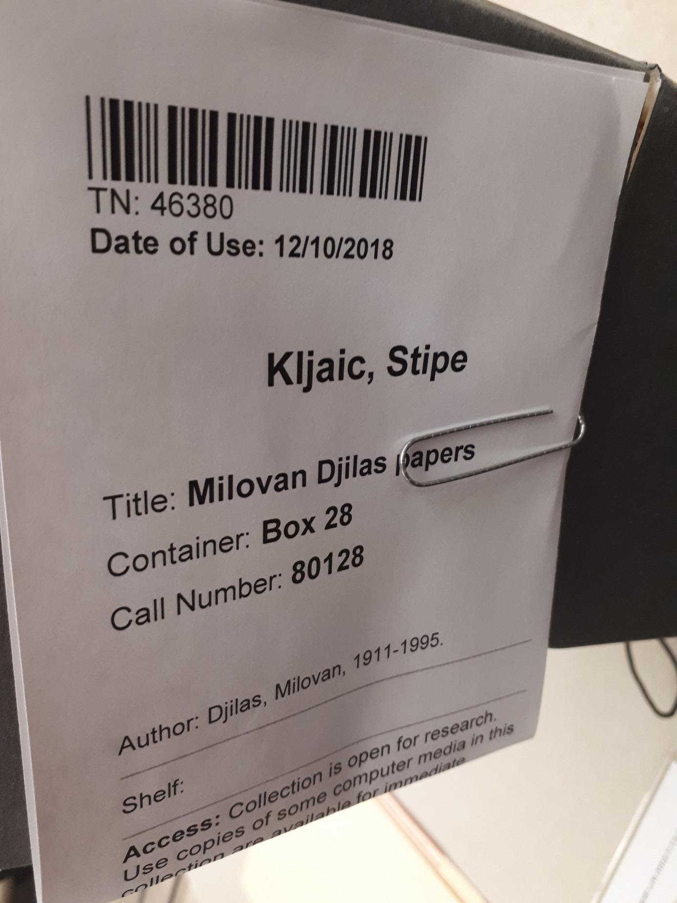 Milovan Djilas Papers, box 28 at the Hoover Institution Archives & Library