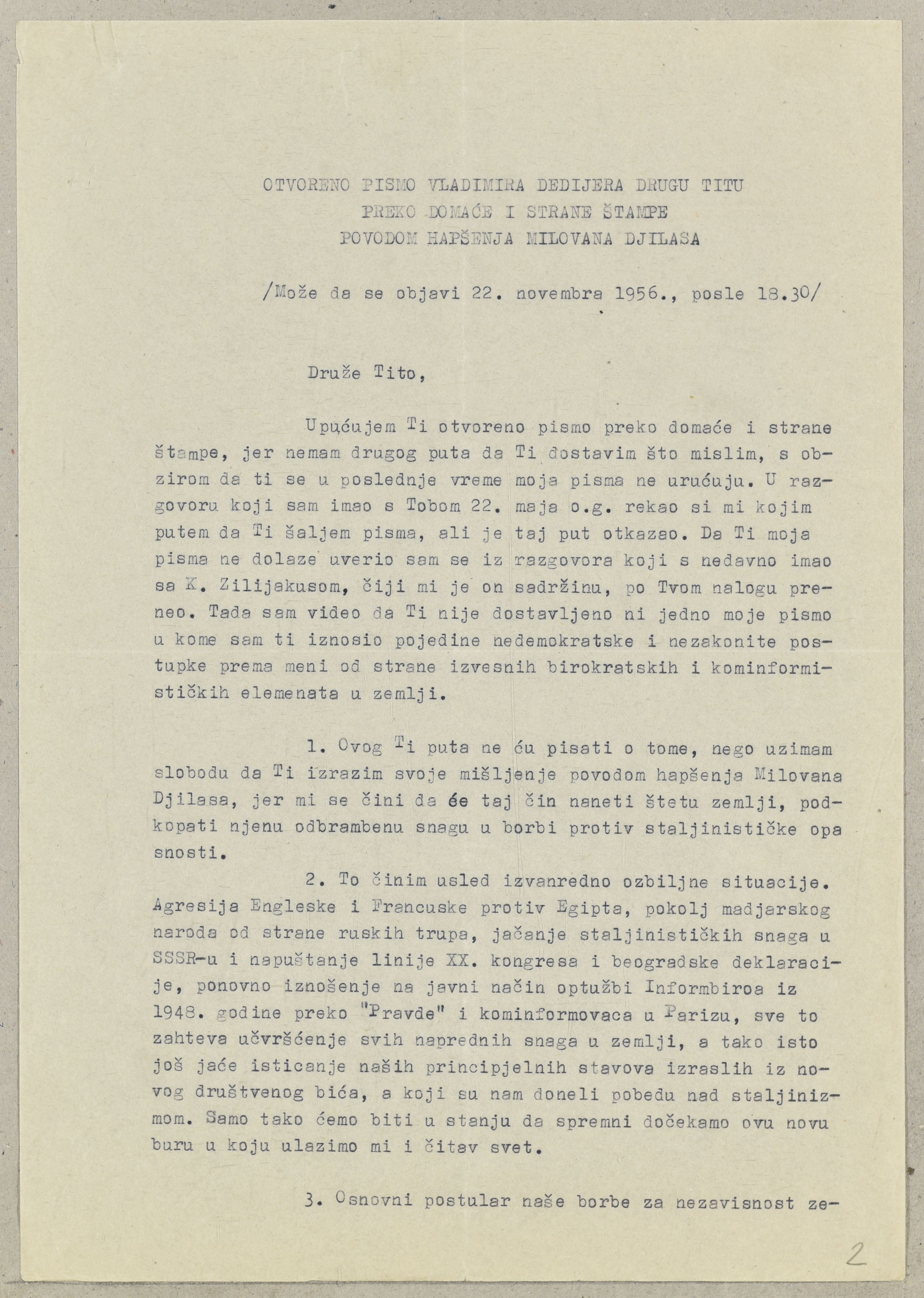 Otvoreno pismo Vladimira Dedijera Josipu Brozu Titu povodom uhićenja Milovana Đilasa. 1956. Arhivski dokument.