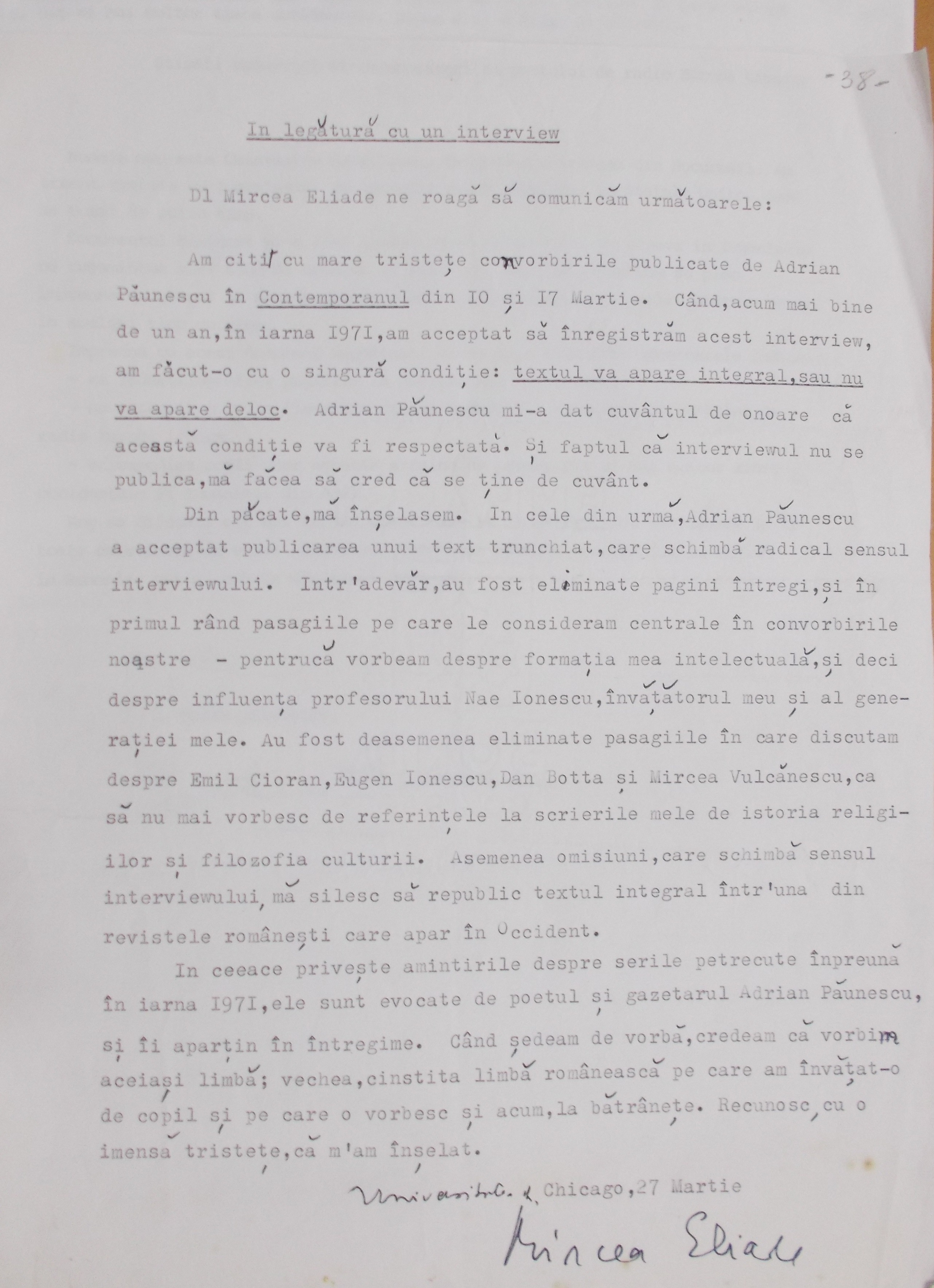 Prima pagină a scrisorii trimise de Mircea Eliade în martie 1971