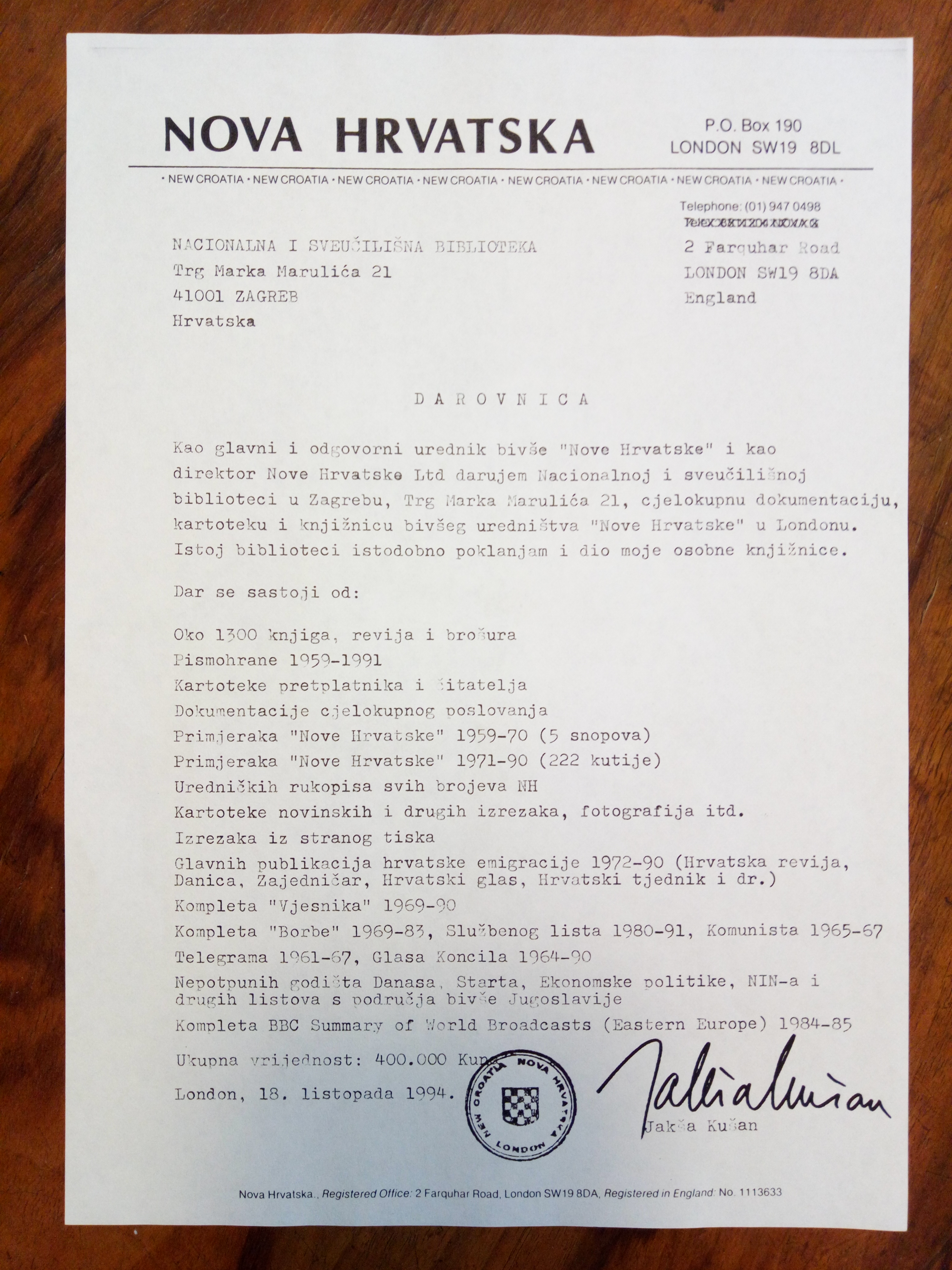Darovnica Jakše Kušana Nacionalnoj i sveučilišnoj knjižnici u Zagrebu. (18. listopada 1994.) 