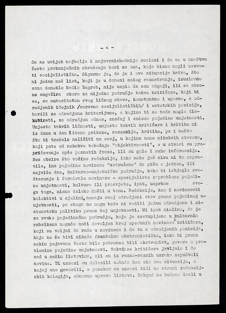 Materijali i zapisnici sjednica Ideološke komisije o kulturnim rubrikama dnevnih novina i Radio Zagreba (1961.). 