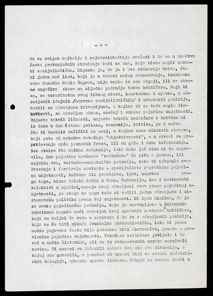 Materials and minutes of the session of the Ideological Commission on the culture sections of daily papers and Radio Zagreb (1961).