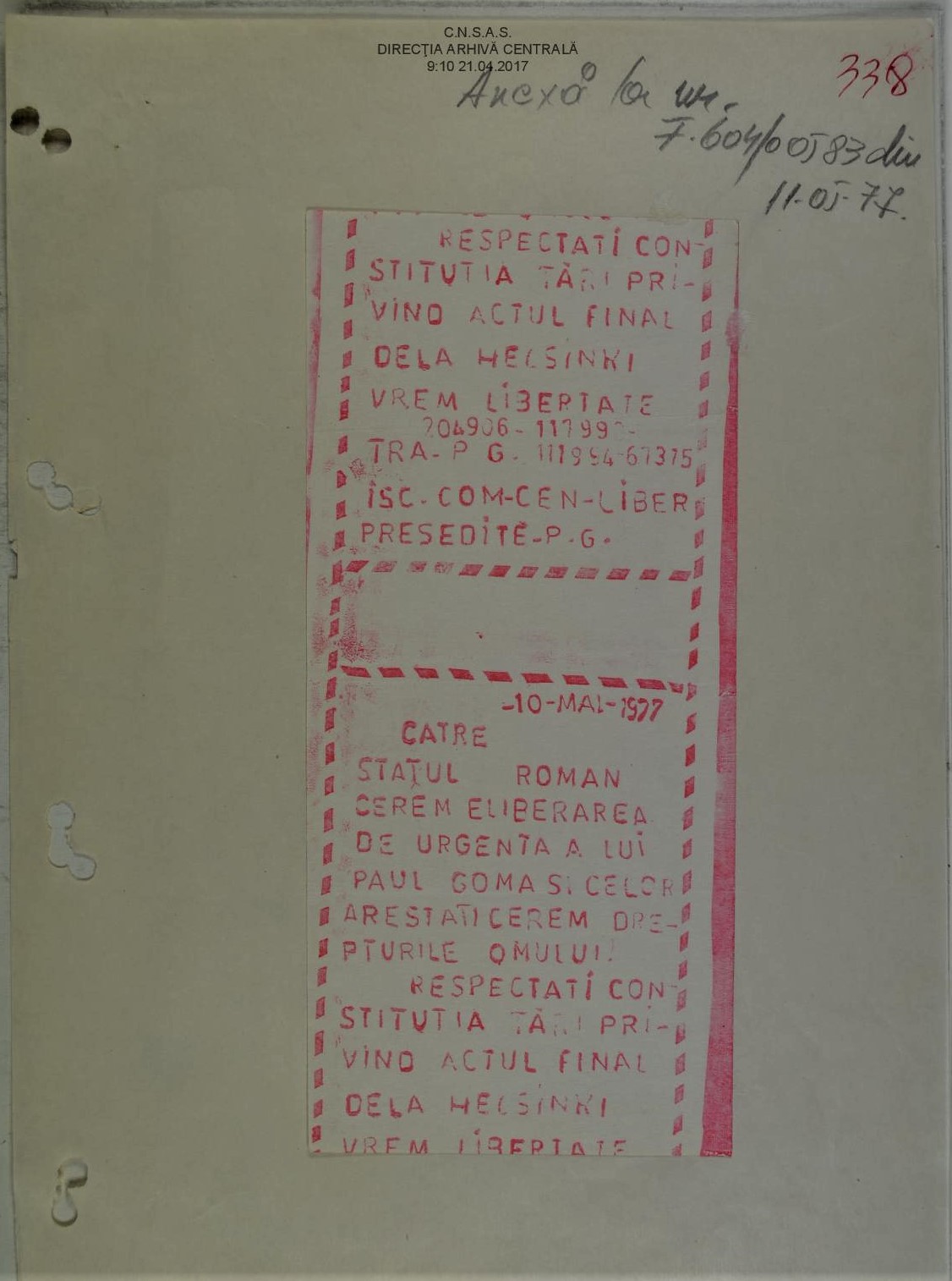 Manifest pentru eliberarea lui Goma din închisoare, 10 mai 1977