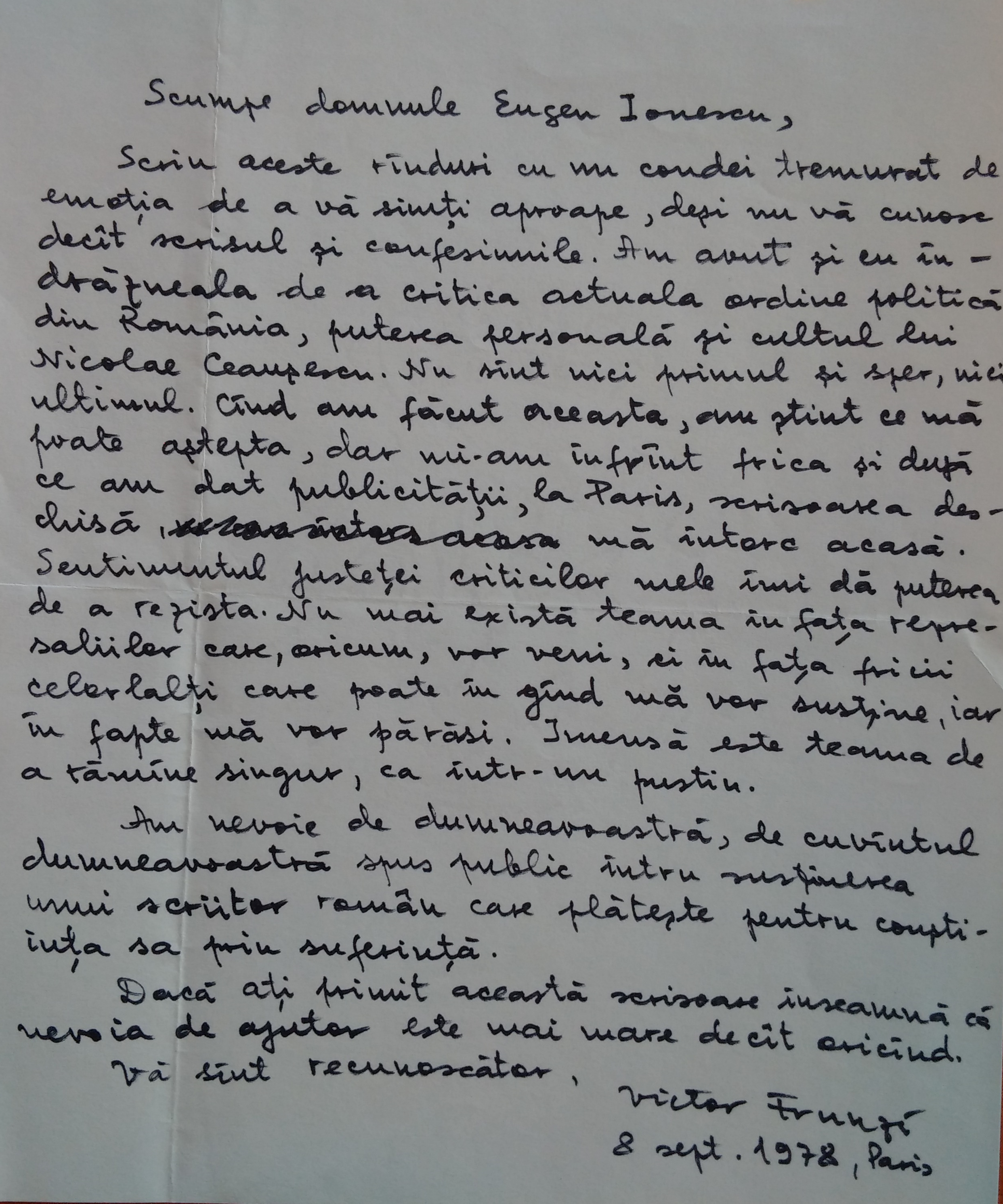 Scrisoare de la Victor Frunză către Eugen Ionescu la Paris, 8 septembrie 1978