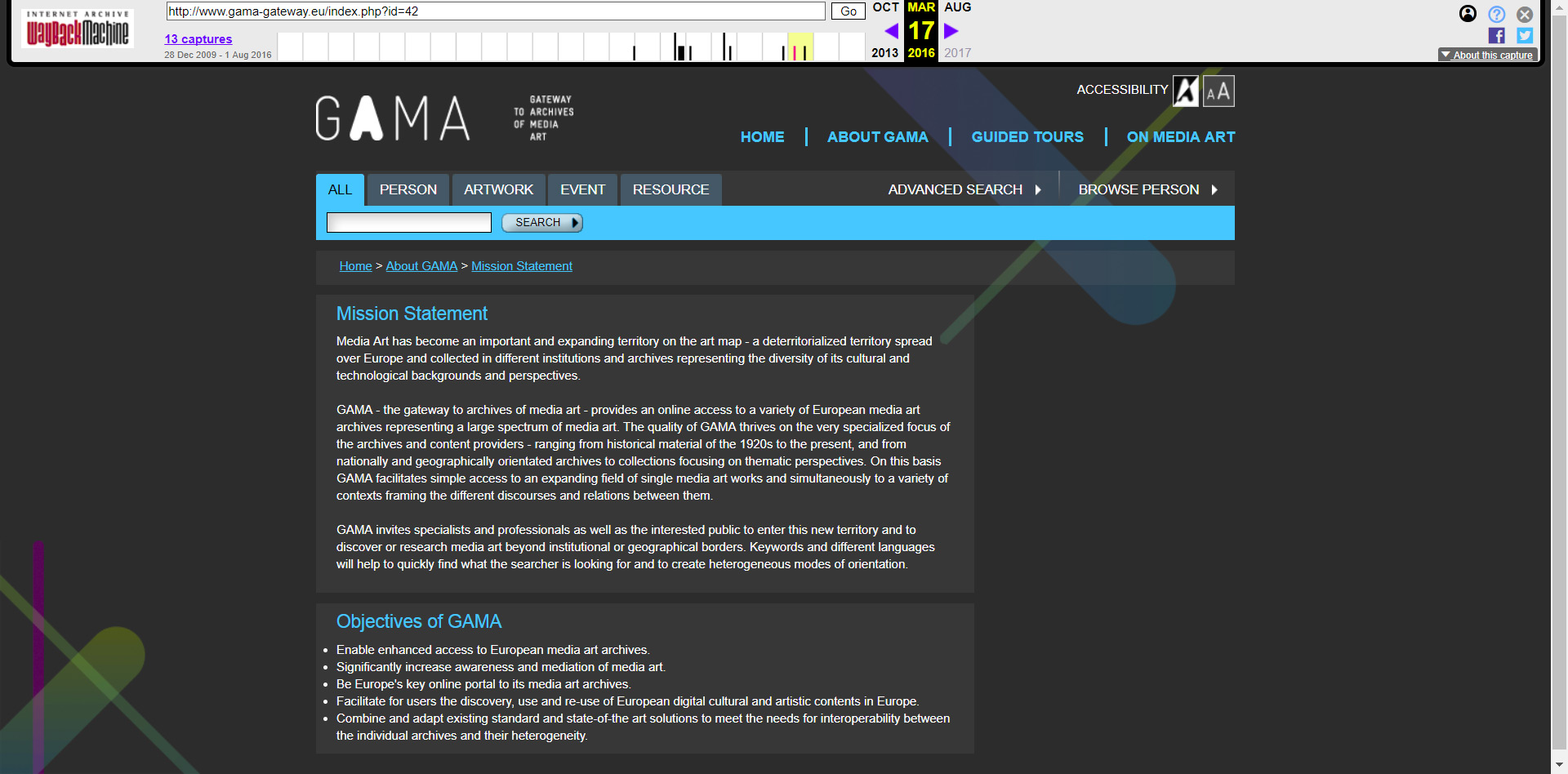Screenshot of the GAMA portal interface provided by Internet Archive's Wayback Machine.
