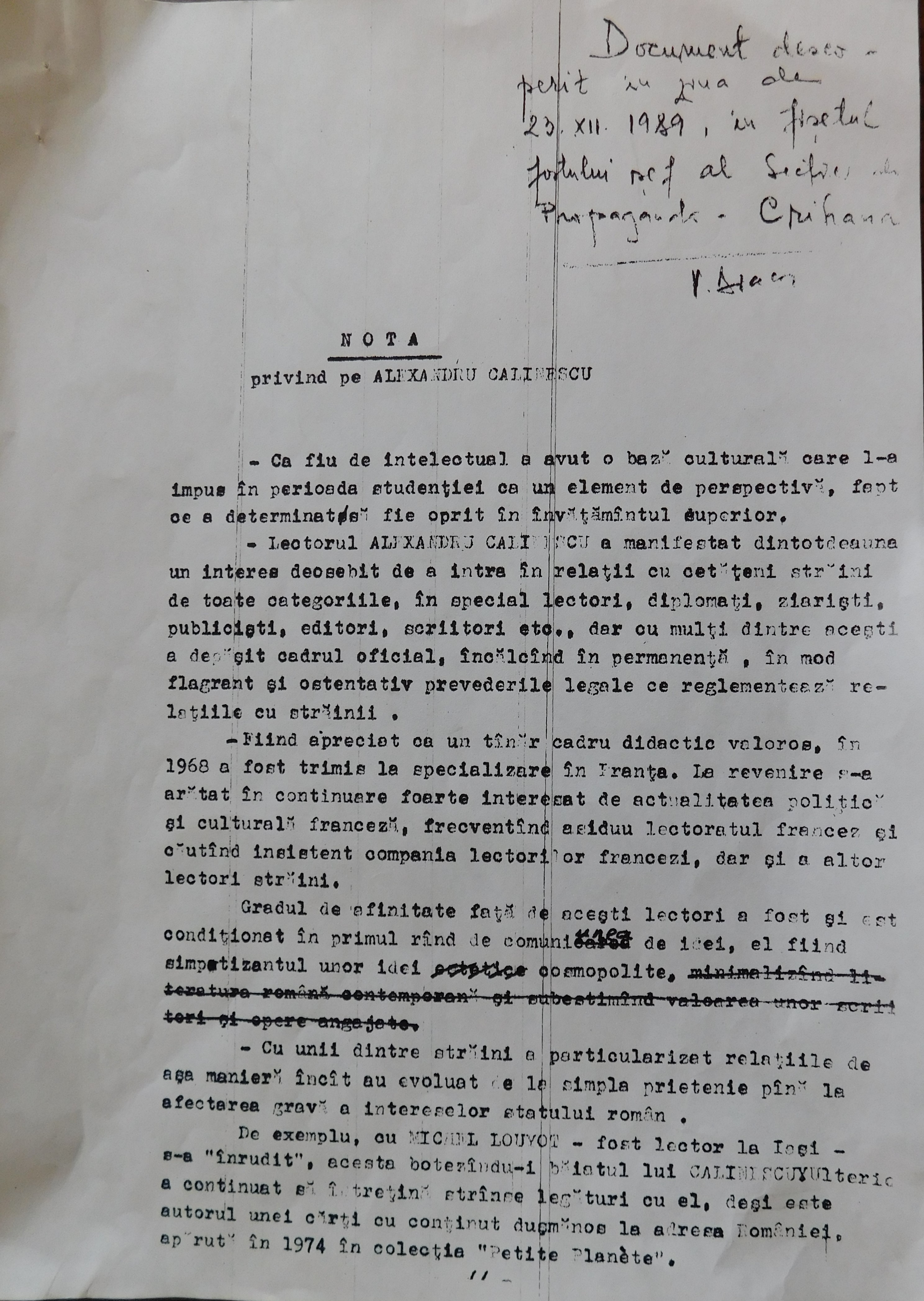 Informative note of the Securitate regarding Alexandru Călinescu, 1989