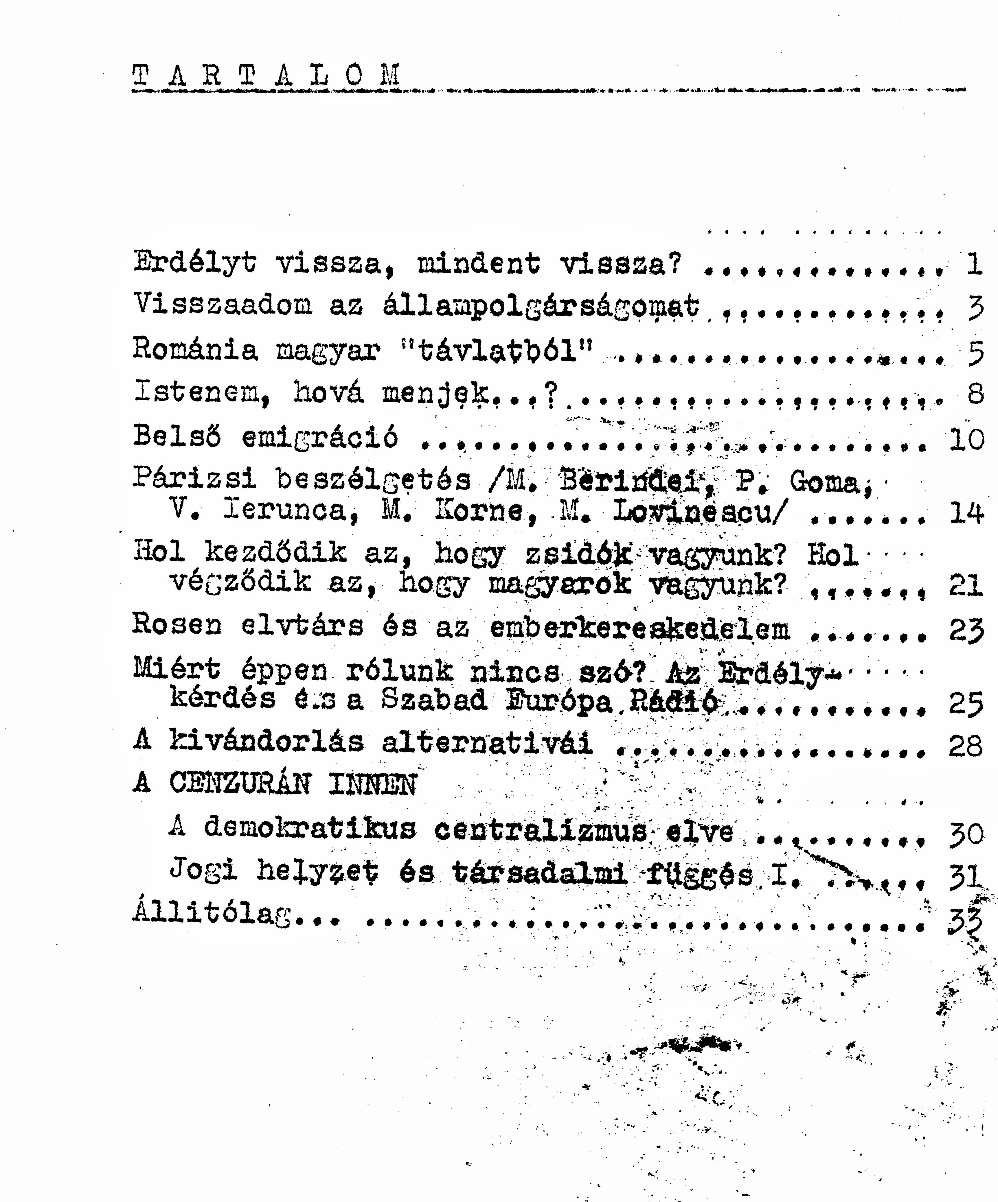 The content of the seventh issue of the Ellenpontok samizdat publication, in Hungarian, September 1982