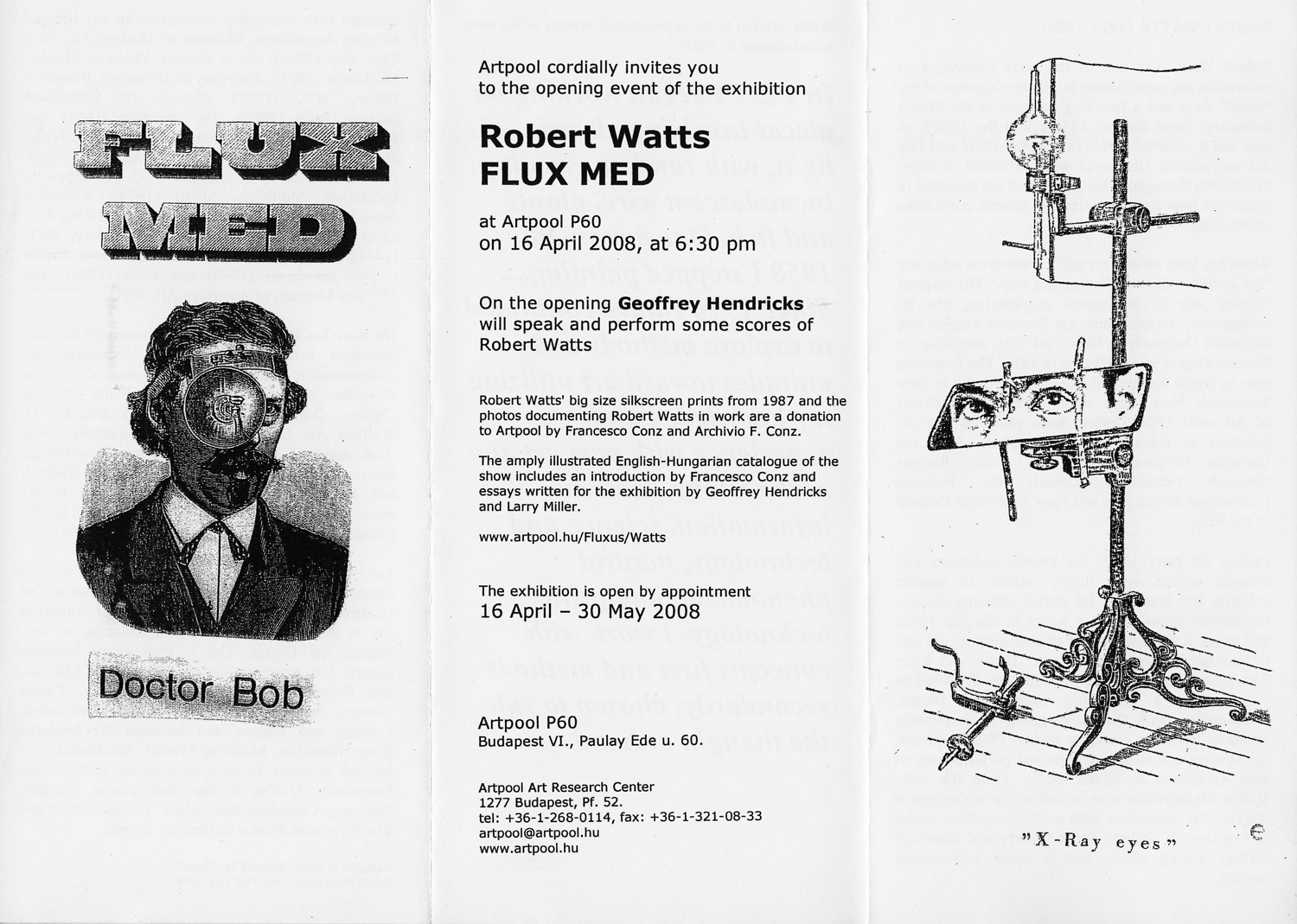 Invitation  for  the exhibition Flux Med (Doctor Bob), Artpool P60, Budapest, 2008 (1st and 2nd page)