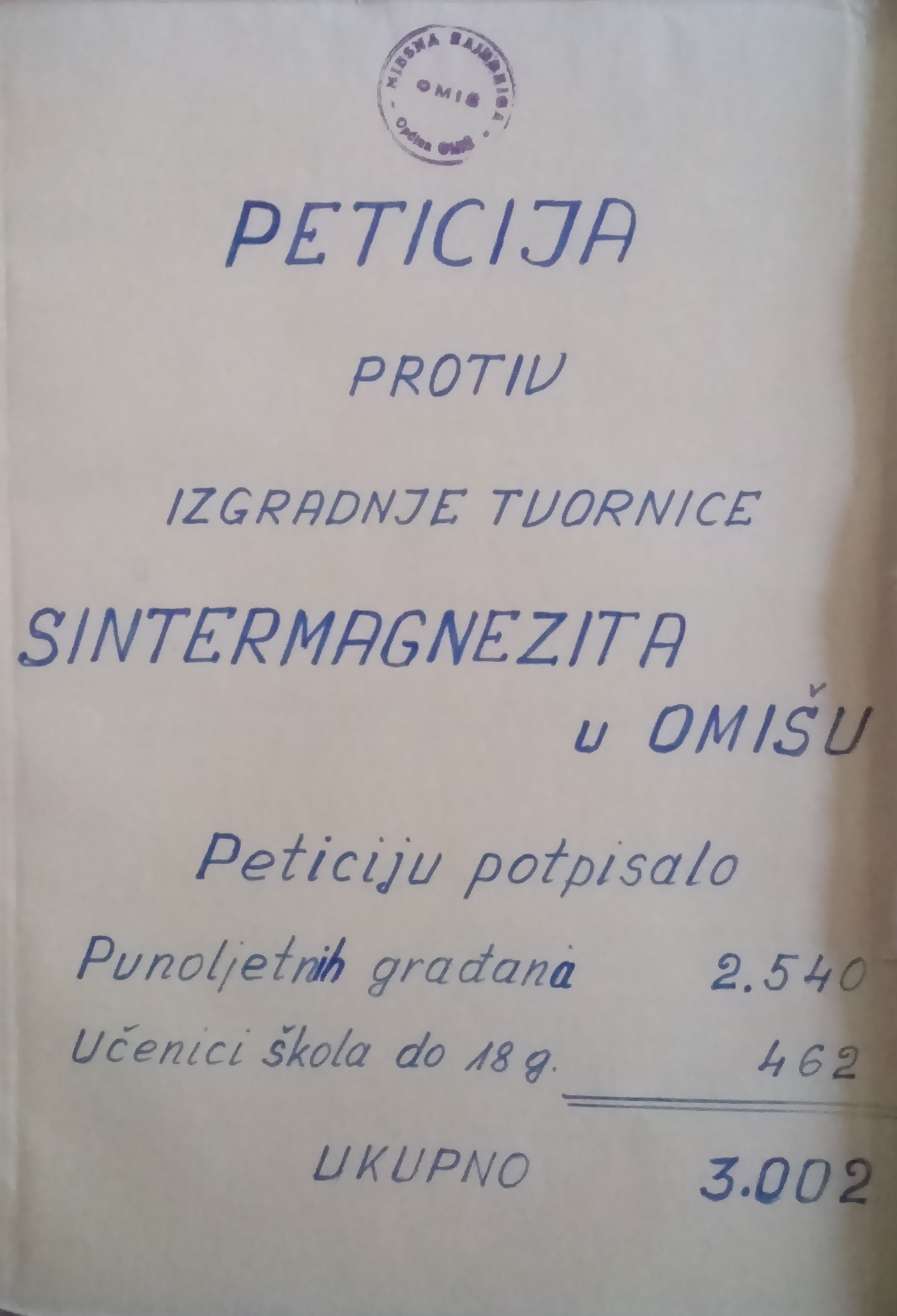 Peticija protiv izgradnje tvornice sintermagnezita u Omišu poslana Saboru Socijalističke Republike Hrvatske. 12. travnja 1979. Arhivski dokument.
