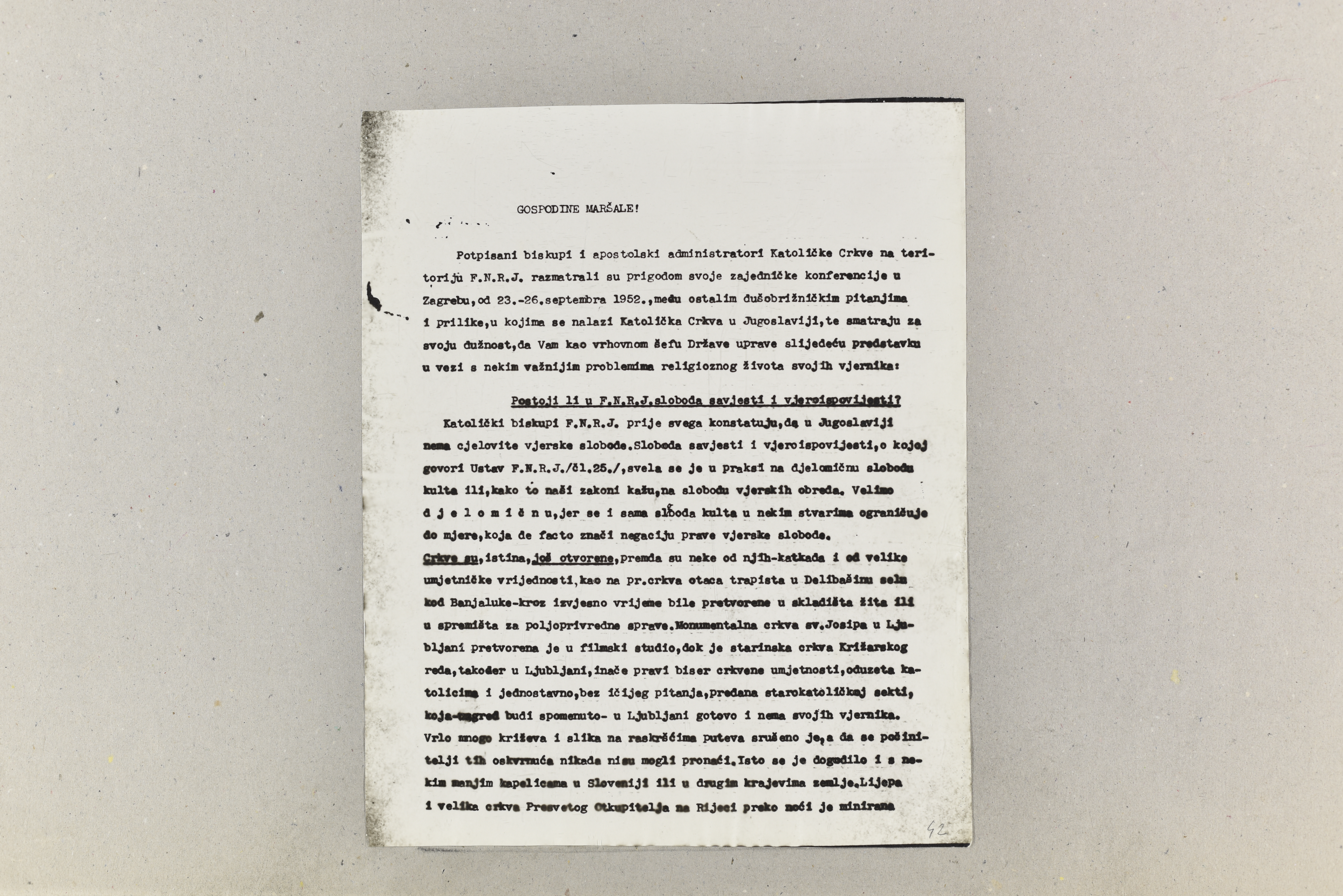 Preslika predstavke katoličkih biskupa Jugoslavije Josipu Brozu Titu, 1952.