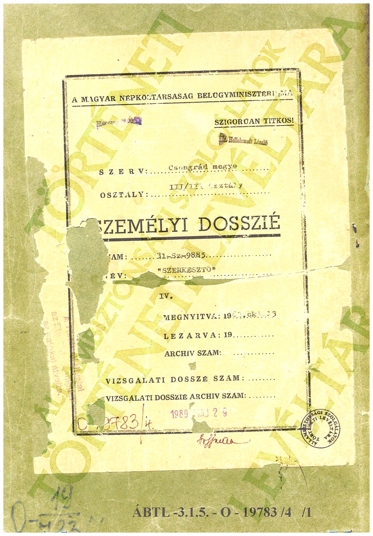 Hungarian Secret Agency dossier from 1978