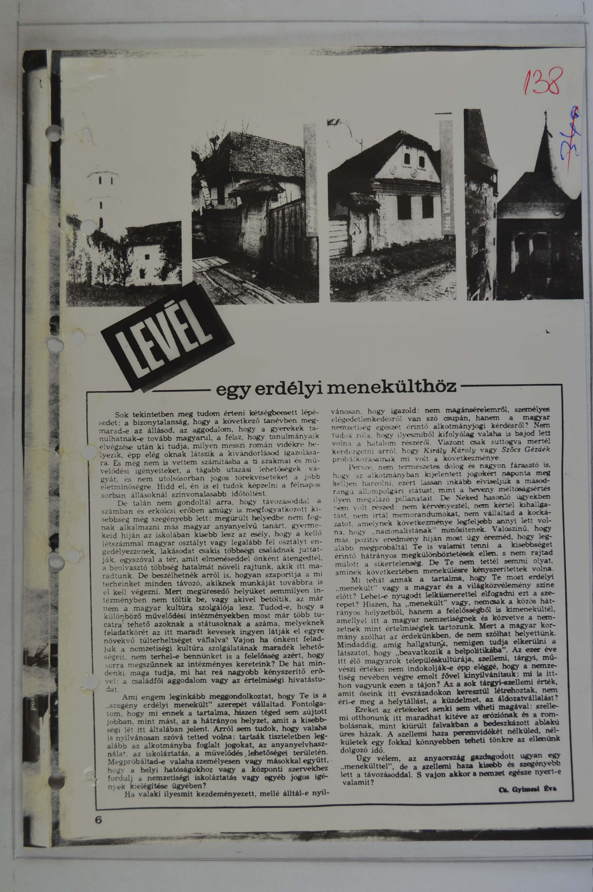 Copie a 'Scrisorii către un refugiat din Transilvania' din dosarul de Securitate pe numele Éva Cs. Gyimesi
