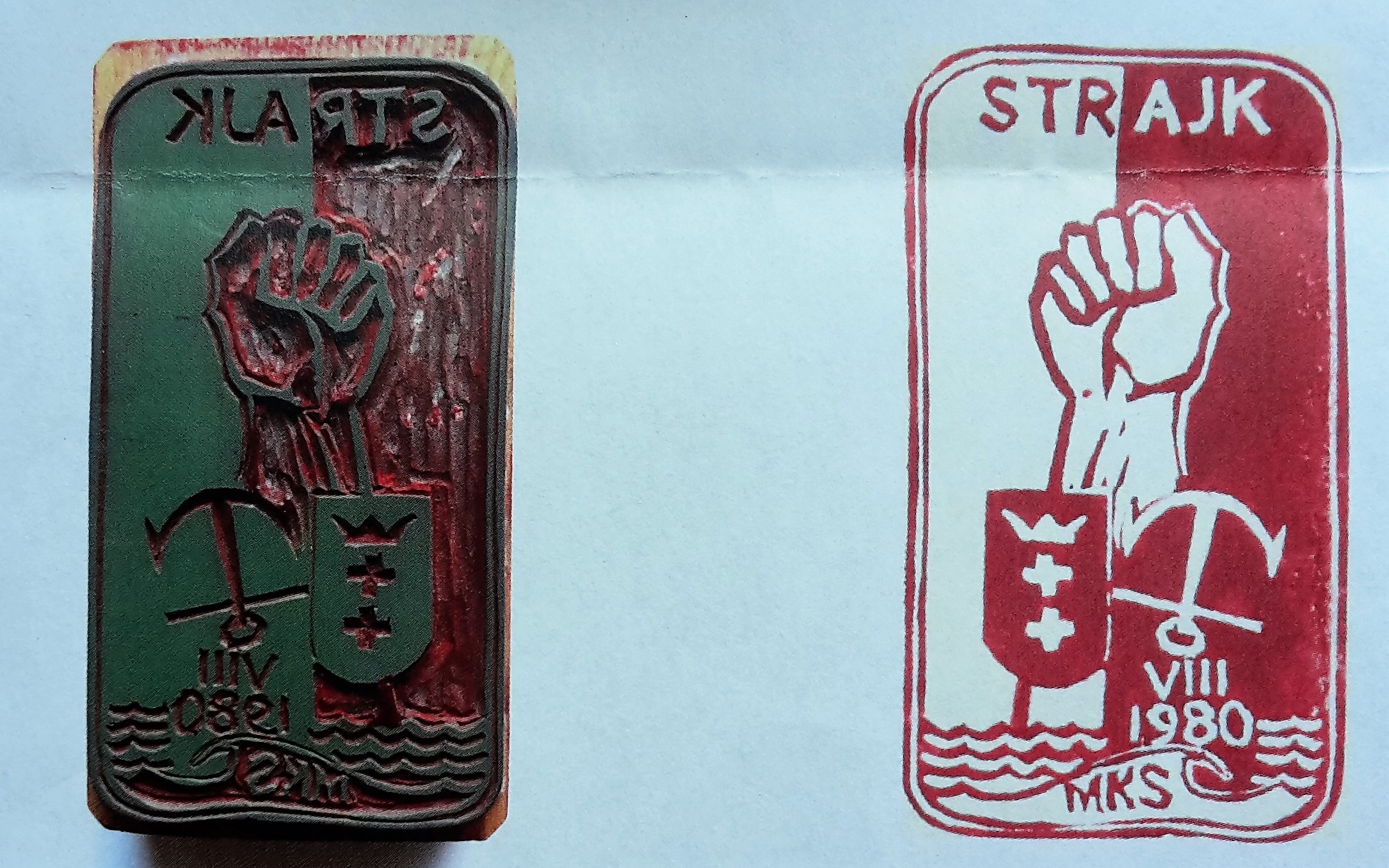 The first seal created by Józef Figiela in August 1980 during the strikes in the Gdansk Shipyard. The picture shows an original linocut and the copy in a form of the stamp.
