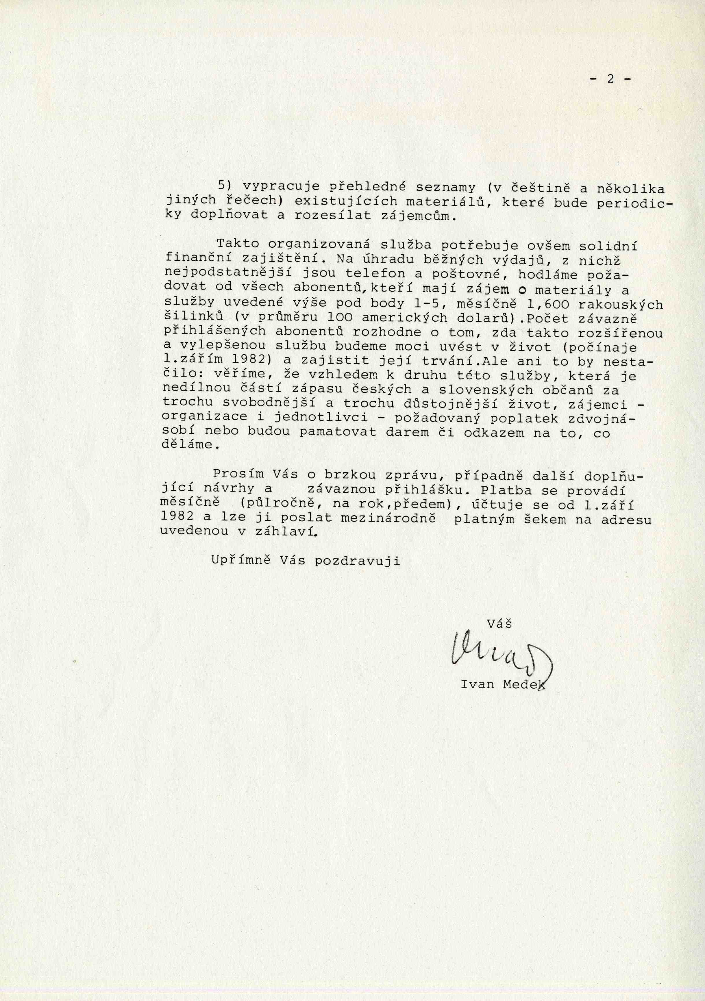 Druhá část dopisu Ivana Medka, kterým informoval o založení Tiskové služby v roce 1982