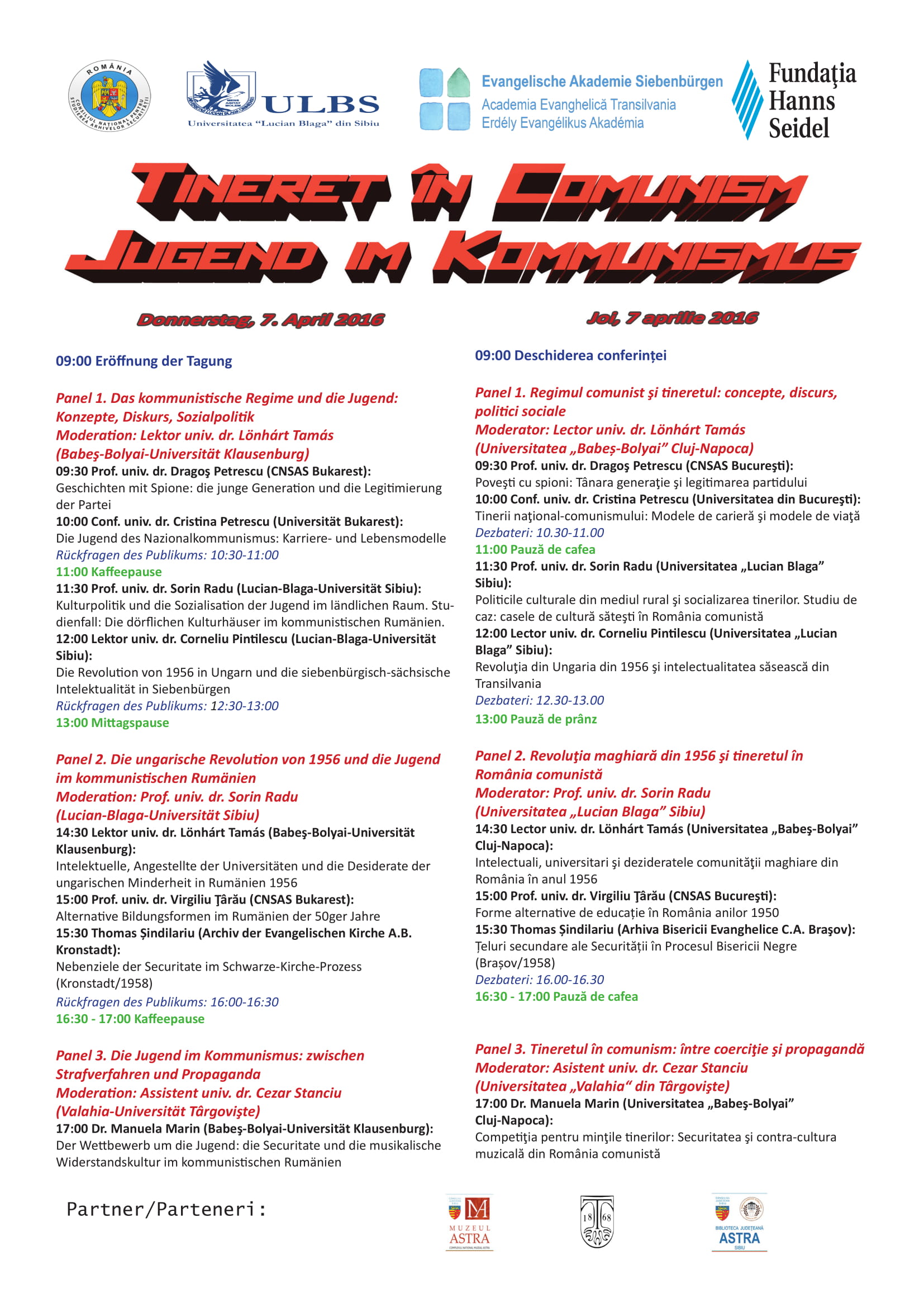 Conference program: Tineret în comunism/Jungend im Kommunismus (Youth during communism), Sibiu, 7-8 April 2016