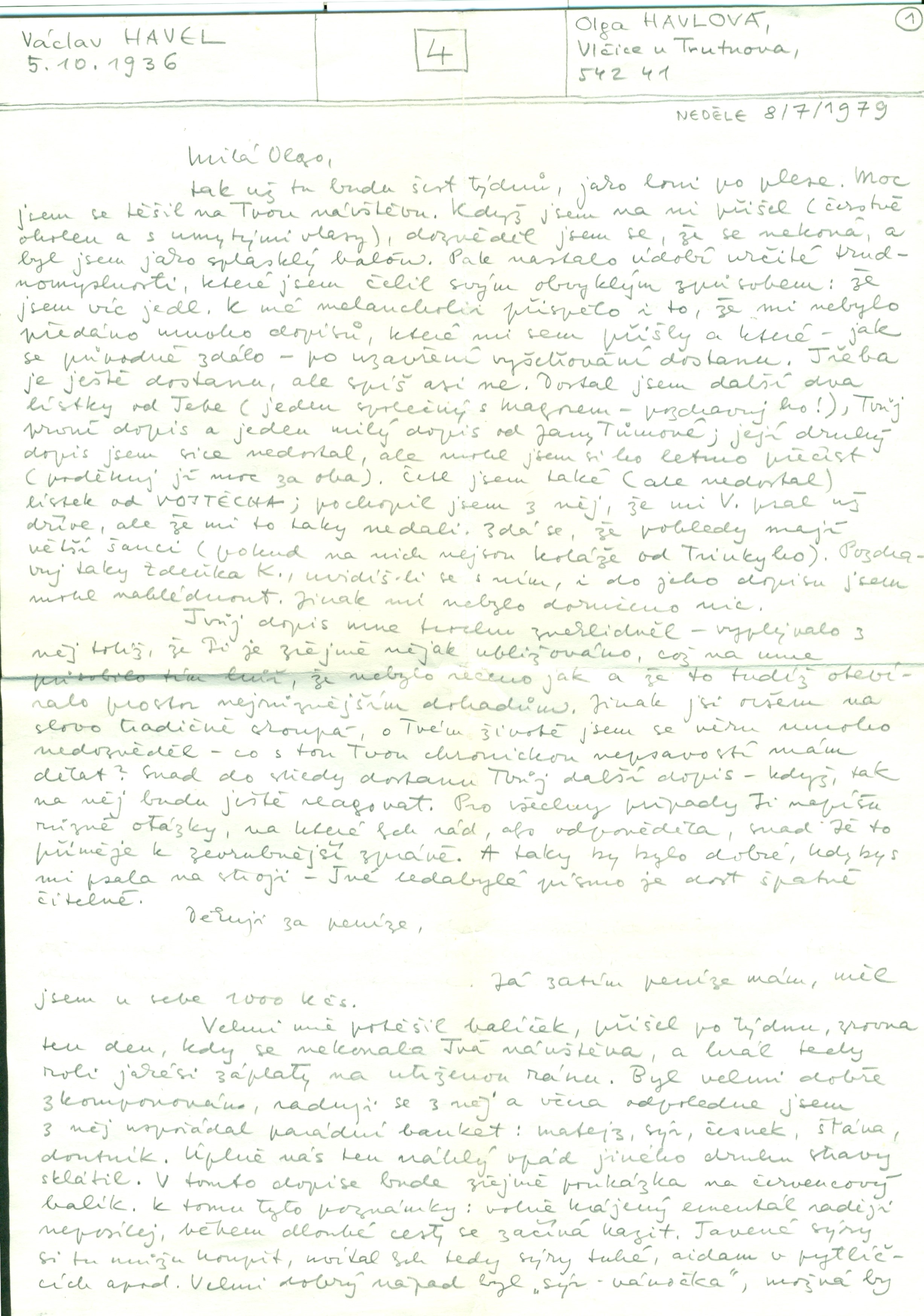 Václav Havelʼs letter to Olga Havlová, 8 July 1979