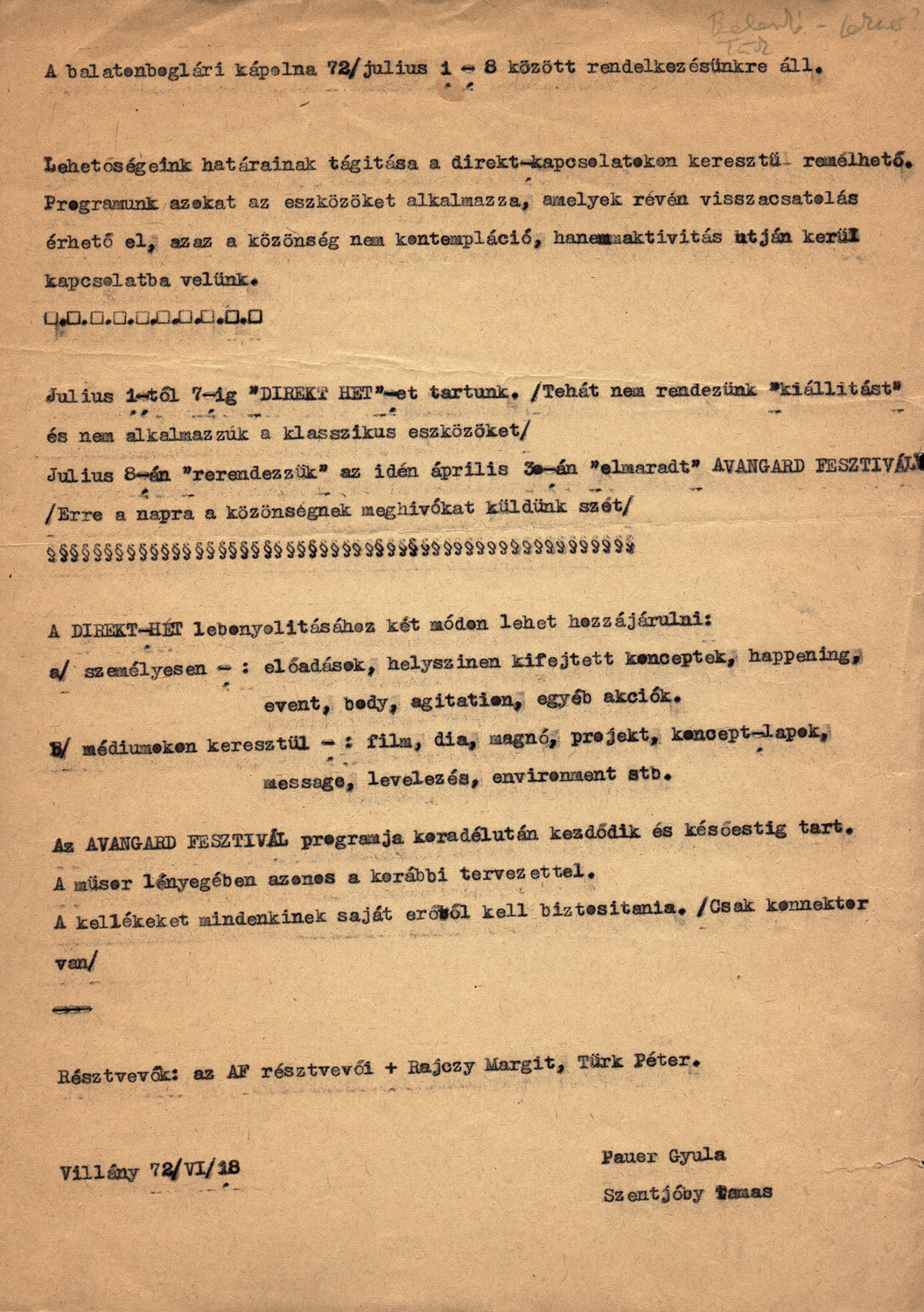 A Direkt hét meghívója (Kápolnaműterem, Balatonboglár, 1972)