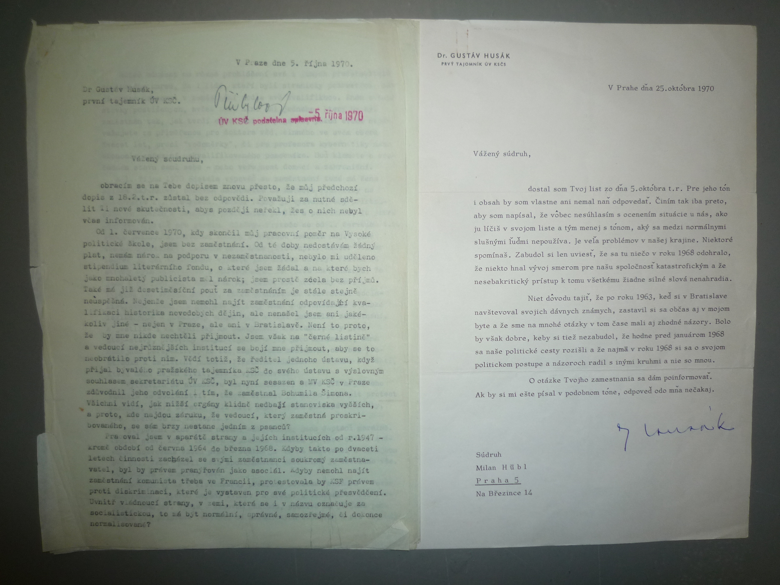 Letter from Milan Hübl to Gustáv Husák, 5 October 1970