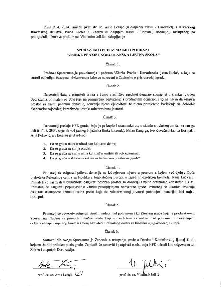 Sporazum o preuzimanju i pohrani Zbirke Praxis i Korčulanska ljetna škola, 9_4_2014.