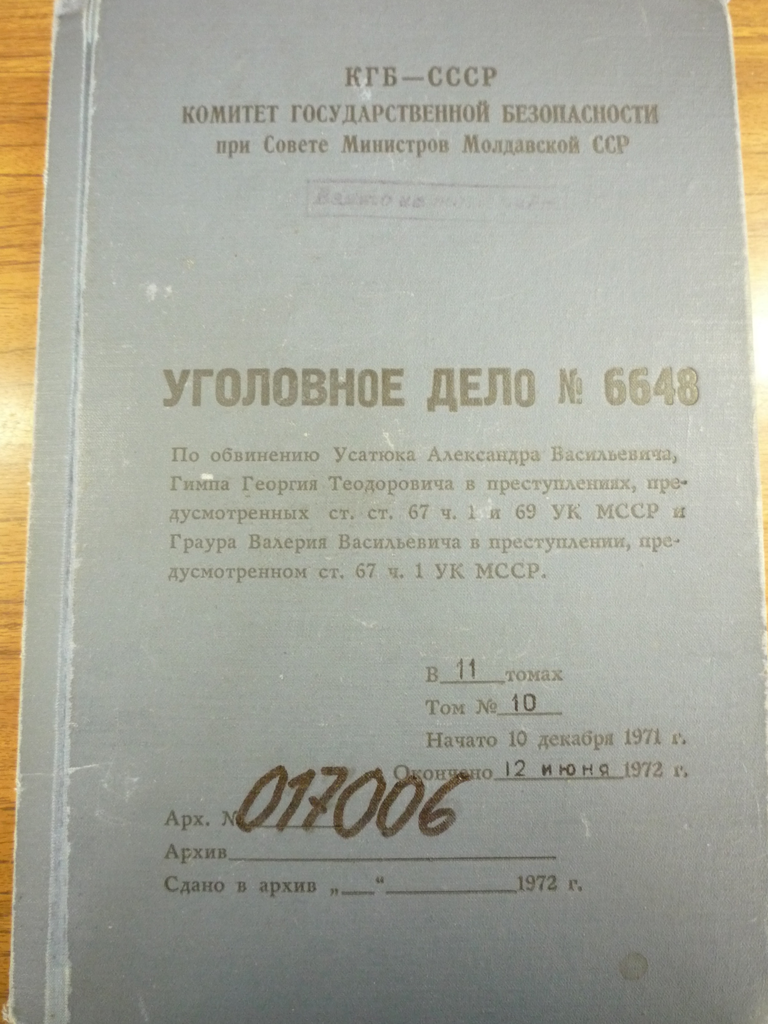 Front cover of the KGB file for the Usatiuc-Ghimpu-Graur case, 1972. 