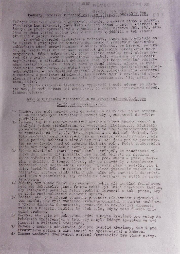 The typewriten manuscript of a petition calling for religious freedom, an predecessor of the so-called 'Moravian Challenges' 