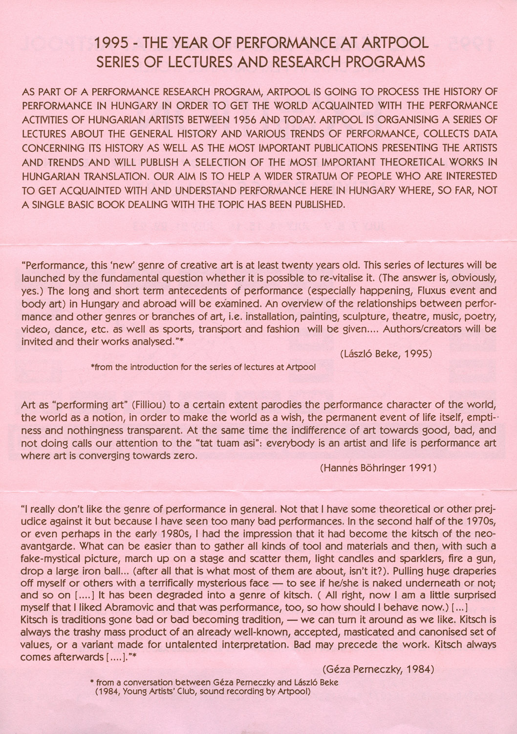 Call for participation in the screening of performance videos at NewKapolcs Gallery, Kapolcs, Summer 1995 (first and second page)