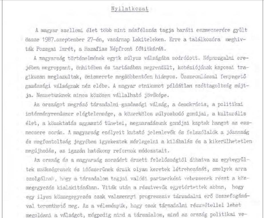 The Lakitelek Declaration, 1987.