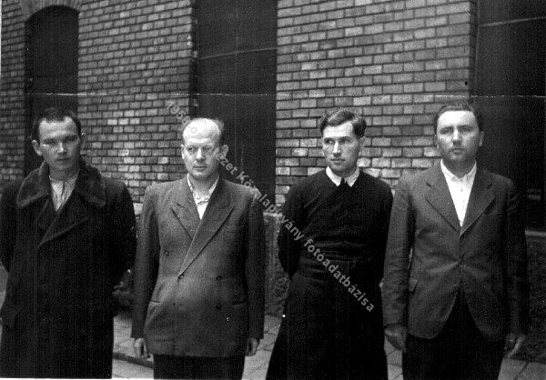 Leaders of the Actio Catholica in the court of the Jail of Markó Street. From left: Pál Németh, Antal Koleszár, Ödön Lénárd, 1948.