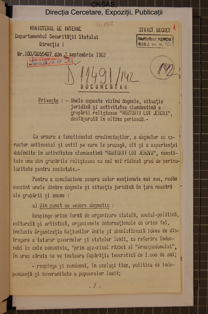 Prima pagină din raportul Securităţii privind “situaţia juridică şi activitatea clandestină a grupării religioase ‘Martorii lui Iehova’ ” (1982)