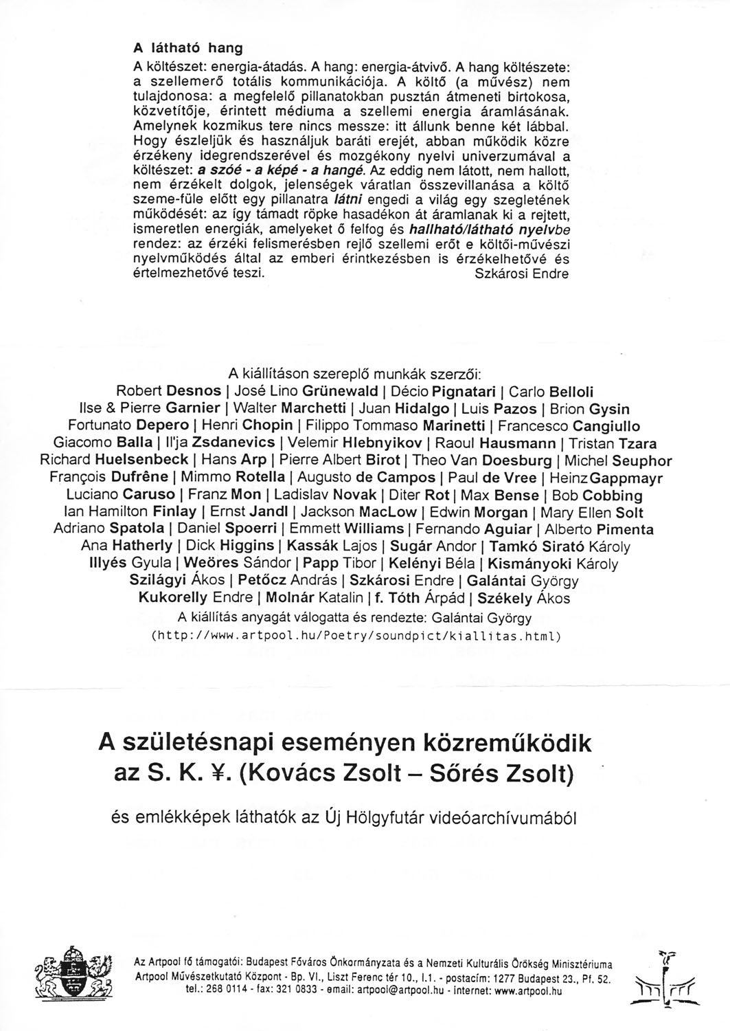 Invitation  for the exhibition HANG KÉP MÁS / SOUND IMAGE POETRY, Artpool P60, Budapest, 2002 (2nd page)