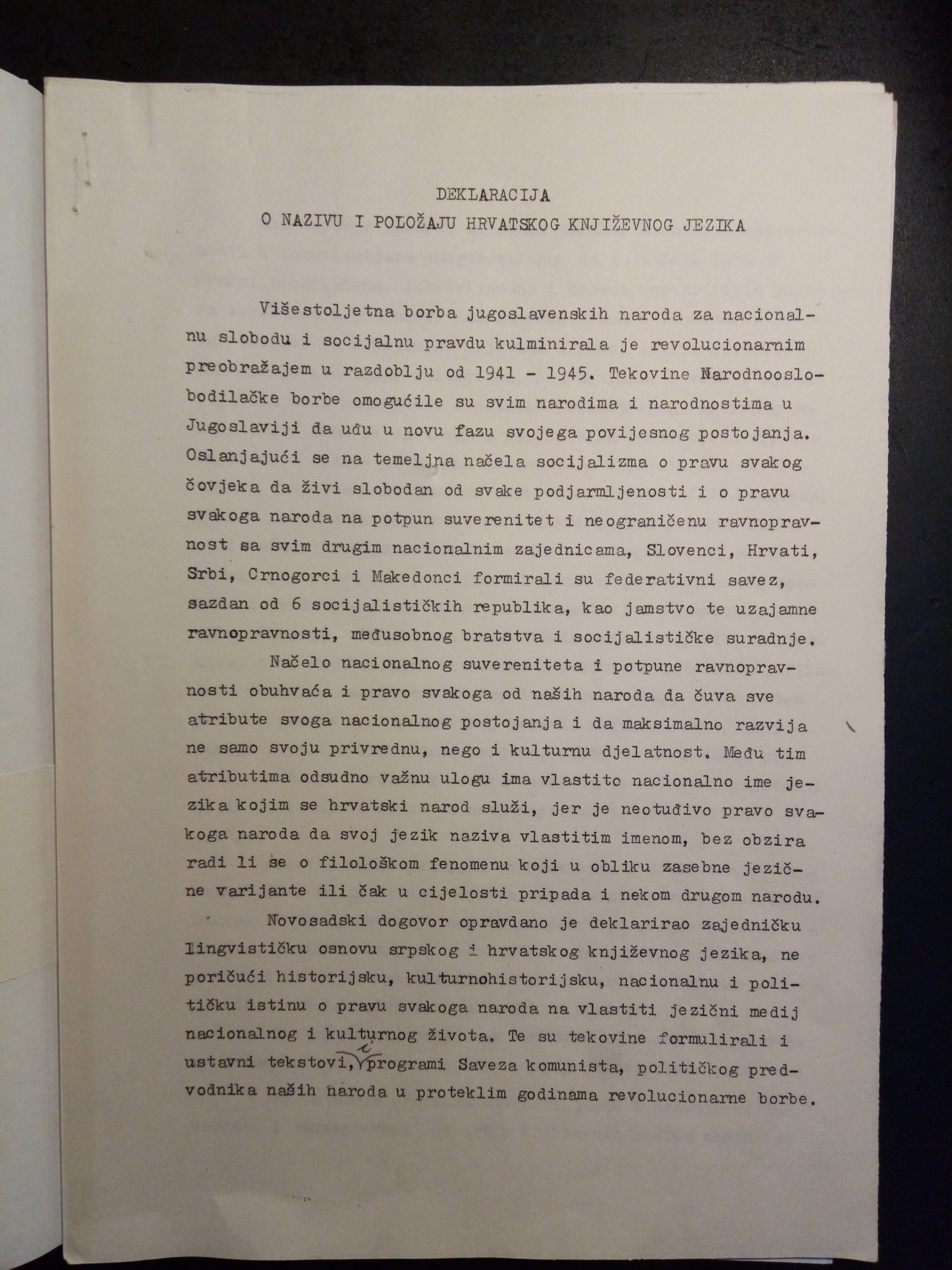 Declaration on the Name and Status of Croatian Language, 1967. Typescript.Matica hrvatska Collection, Croatian State Archives
