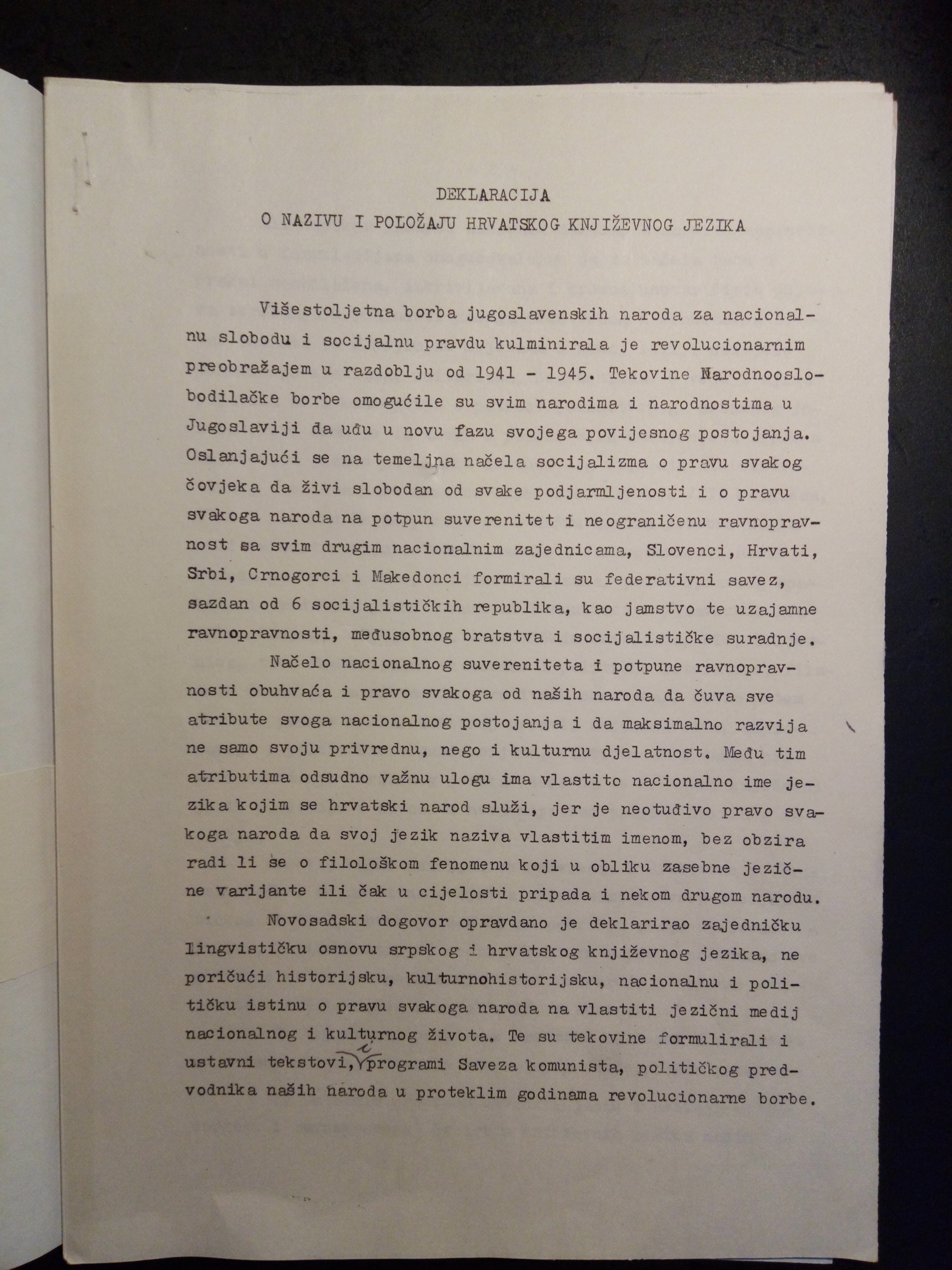 Deklaracija o nazivu i položaju hrvatskog književnog jezika, 1967. Strojopis, Fond Matica hrvatska, Hrvatski državni arhiv