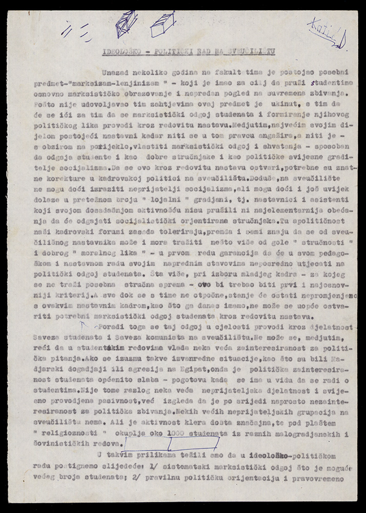 Izvještaj za sjednicu Ideološke komisije O nekim problemima ideološkog rada na Sveučilištu, 1957.  
