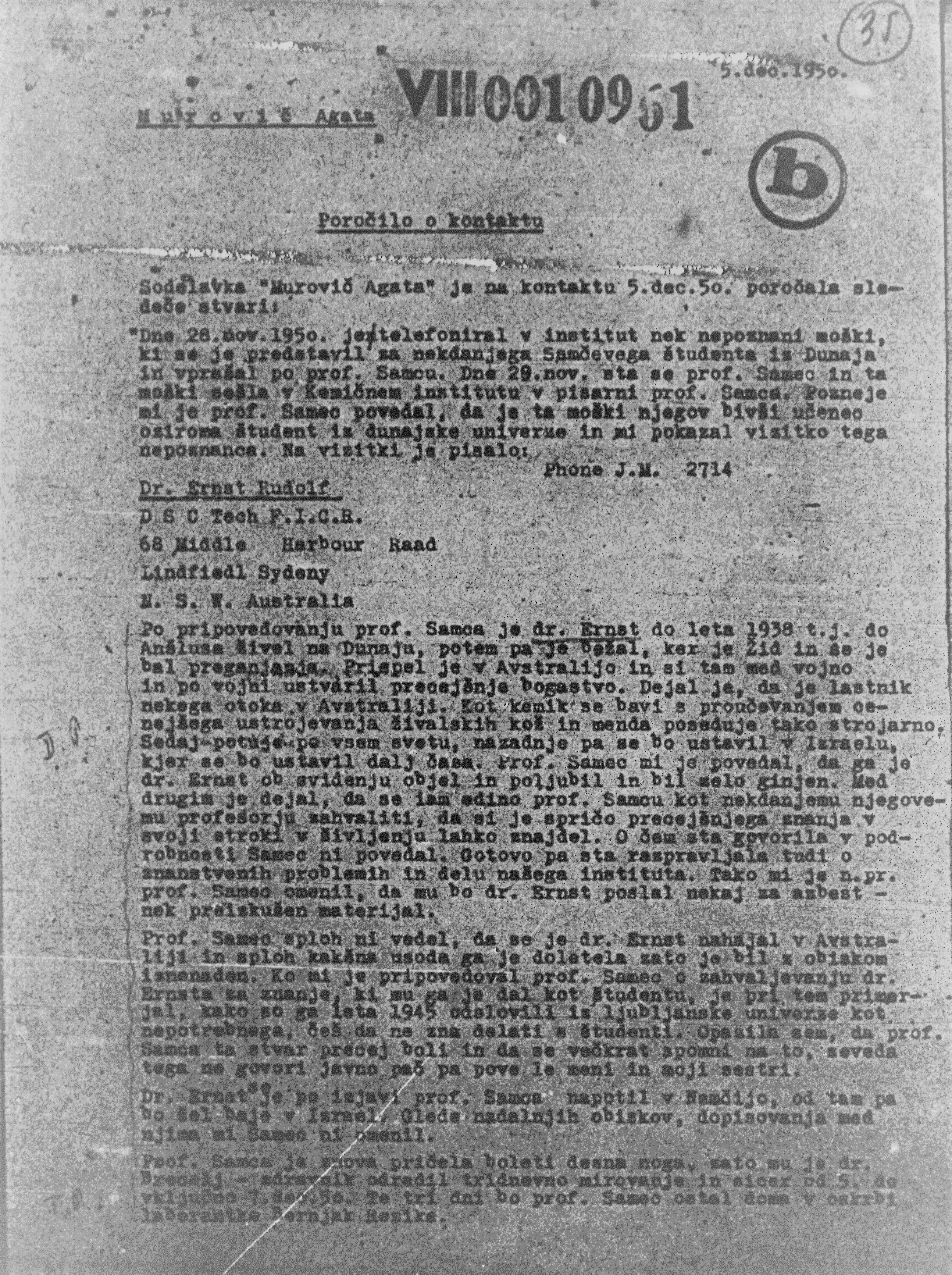 Report of UDBAs Associate Agata Murovič, 1950. Manuscript