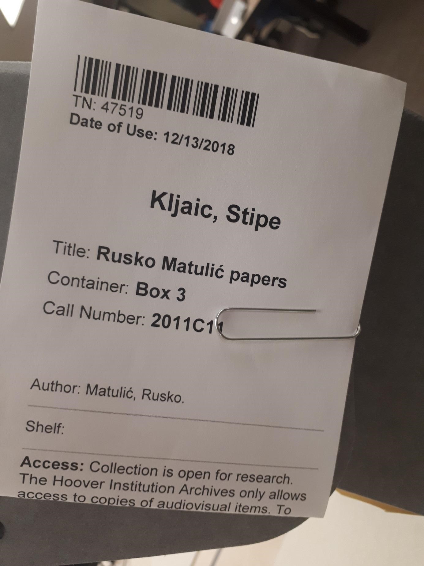 Rusko Matulić Papers, box 3 at the Hoover Institution Library & Archives.