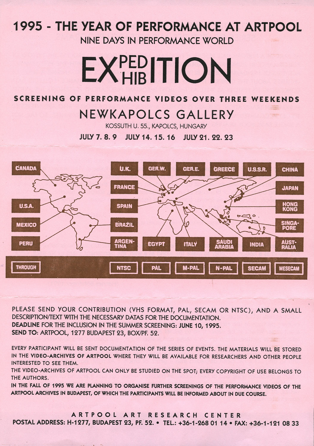 Call for participation in the screening of performance videos at NewKapolcs Gallery, Kapolcs, Summer 1995 (first and second page)