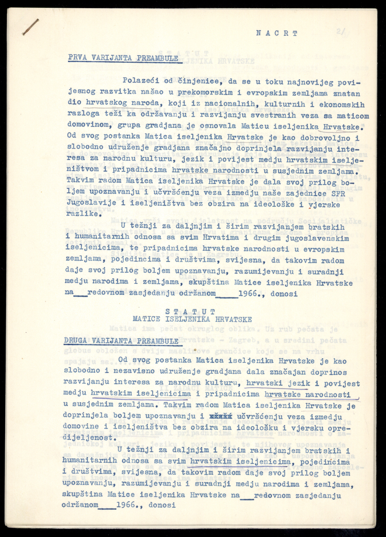 The Emigrant Foundation of Croatia Statute Draft, 1966