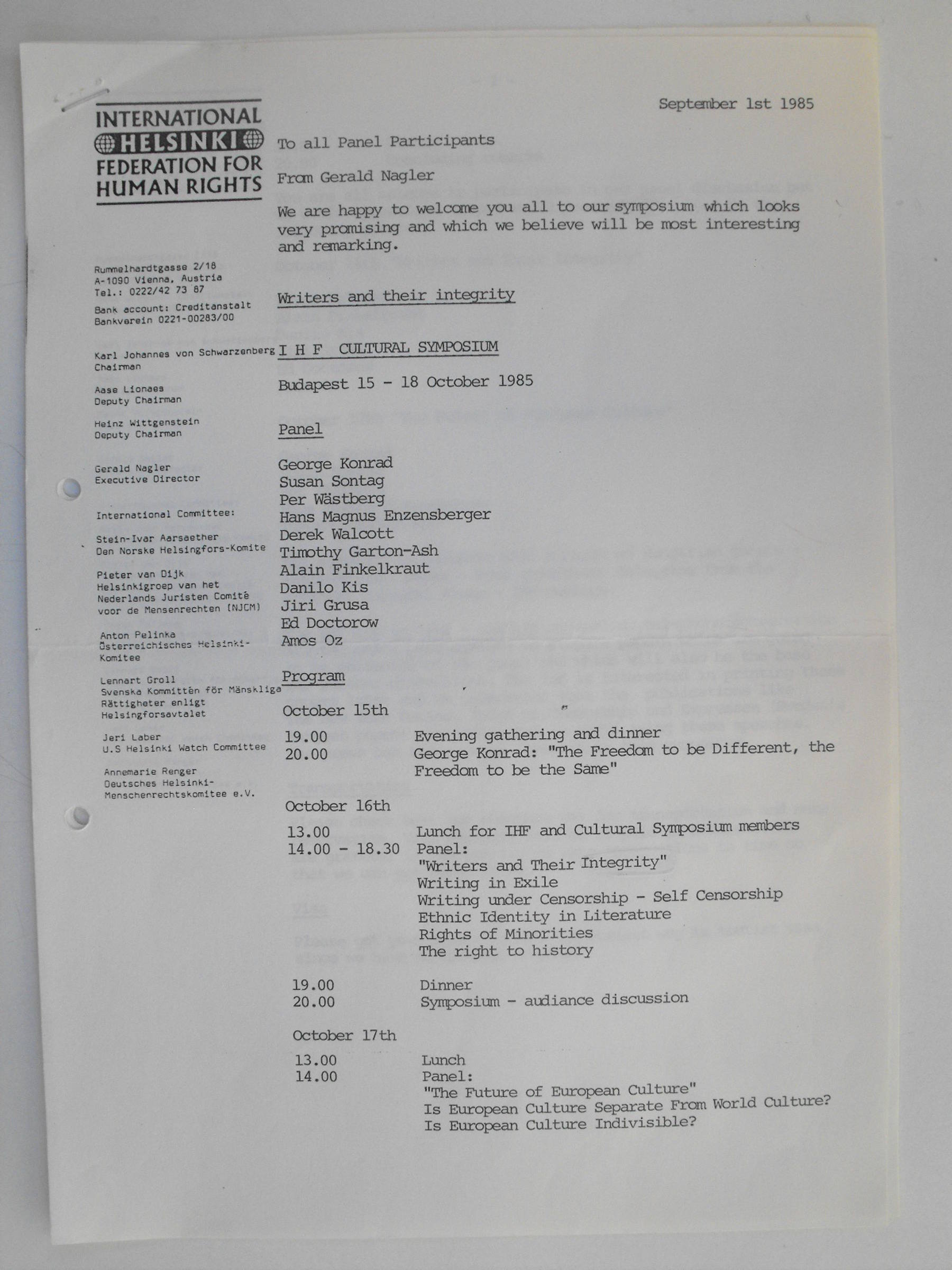 Invitation for the IHF Cultural Symposium, Budapest 15-18 October 1985