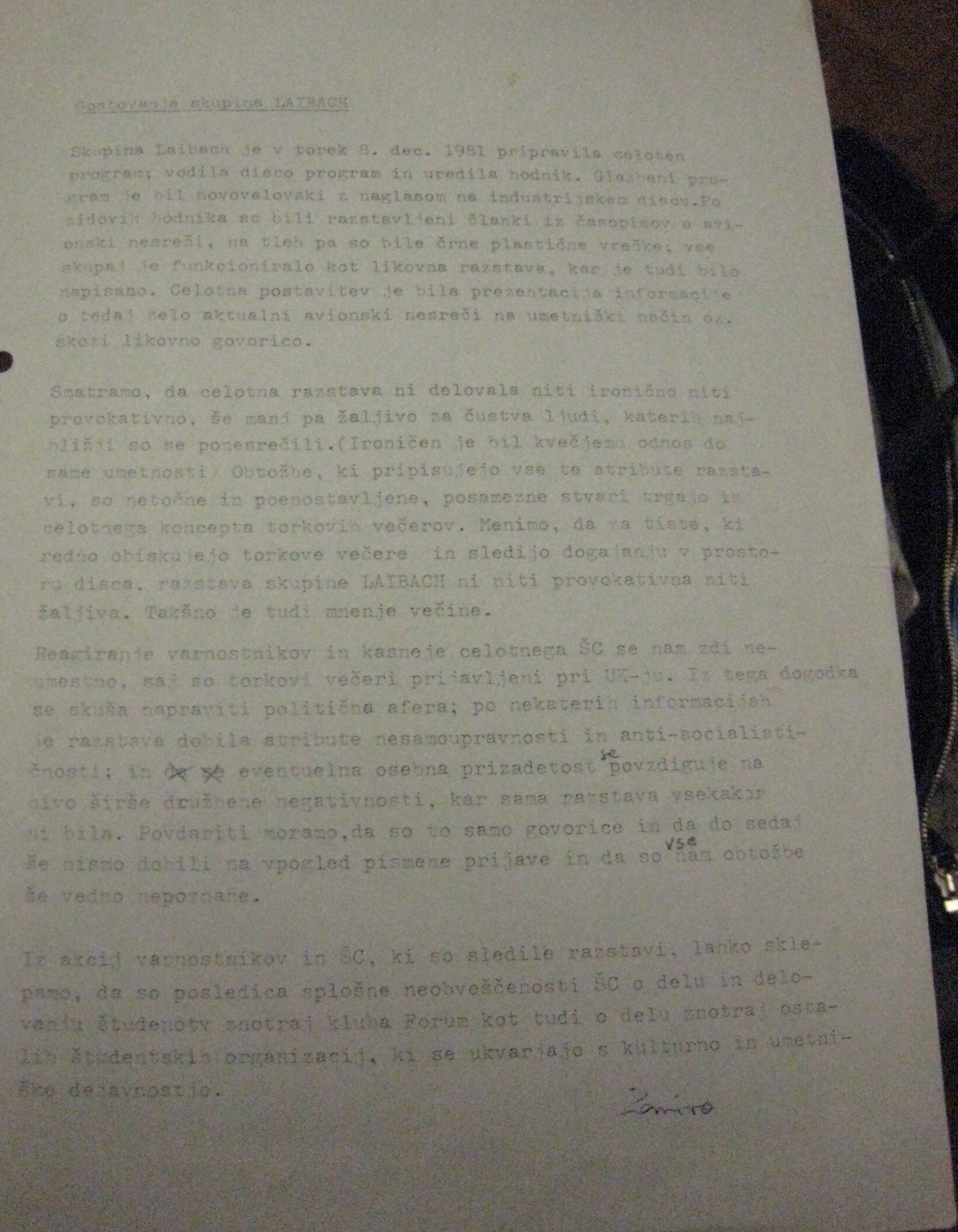 Document: Report on Hosting of Group Laibach at FV Disco in december 1981 from The bundle with The FV Group archive materials at MGLC. The text describes the objections of security guards that the show was antisocialist and againts self-management. (2017-17-01)