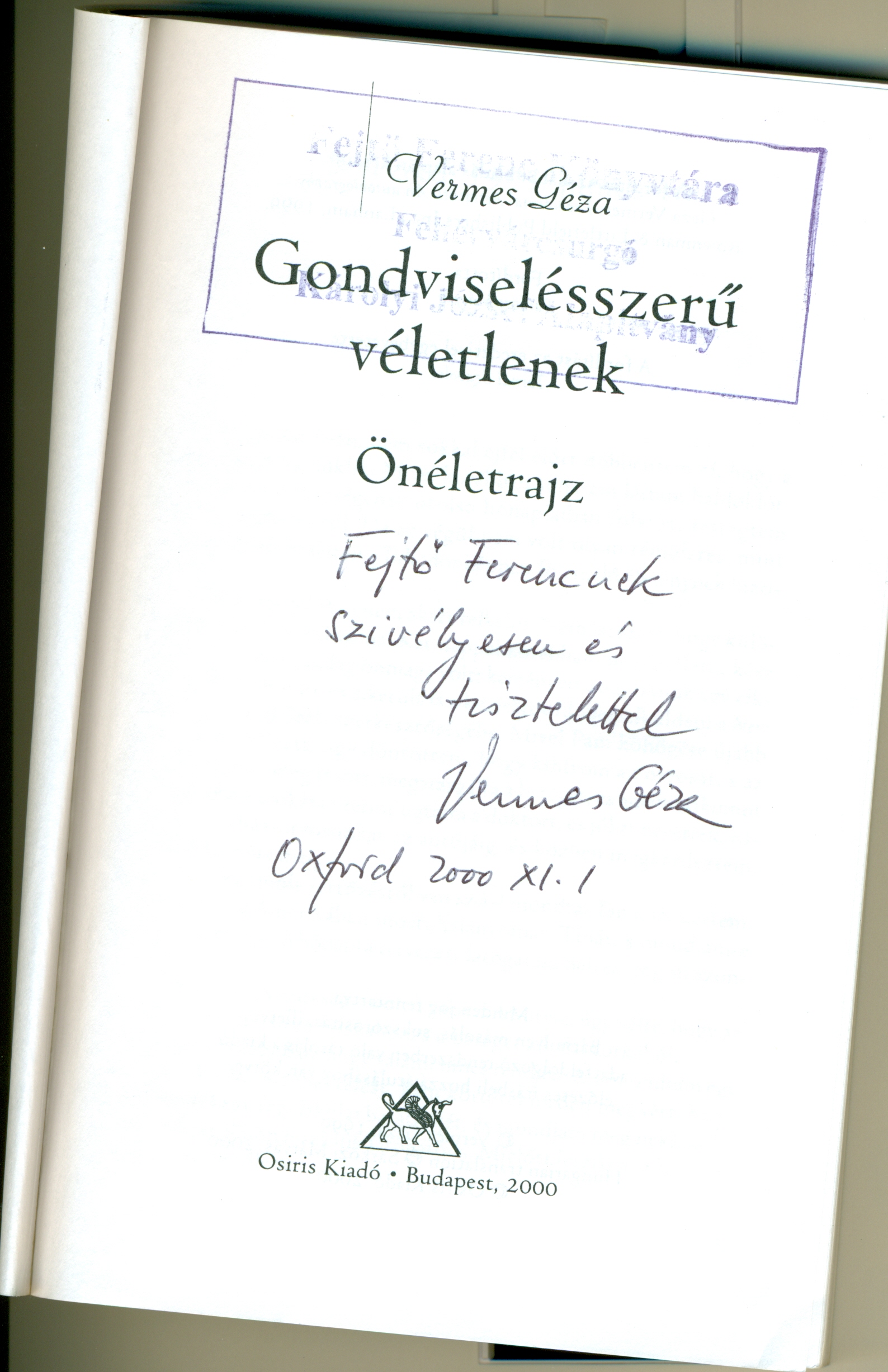 Géza Vermes's decication to Ferenc Fejtő, 2000.