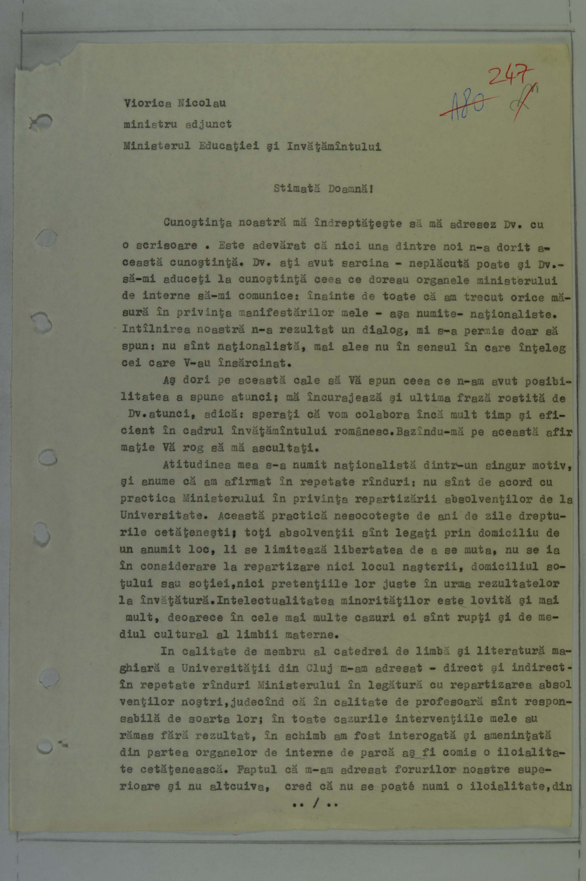 The transcript drafted by the Securitate of the Memorandum sent by Gyimesi to the Ministry of Education in 1988