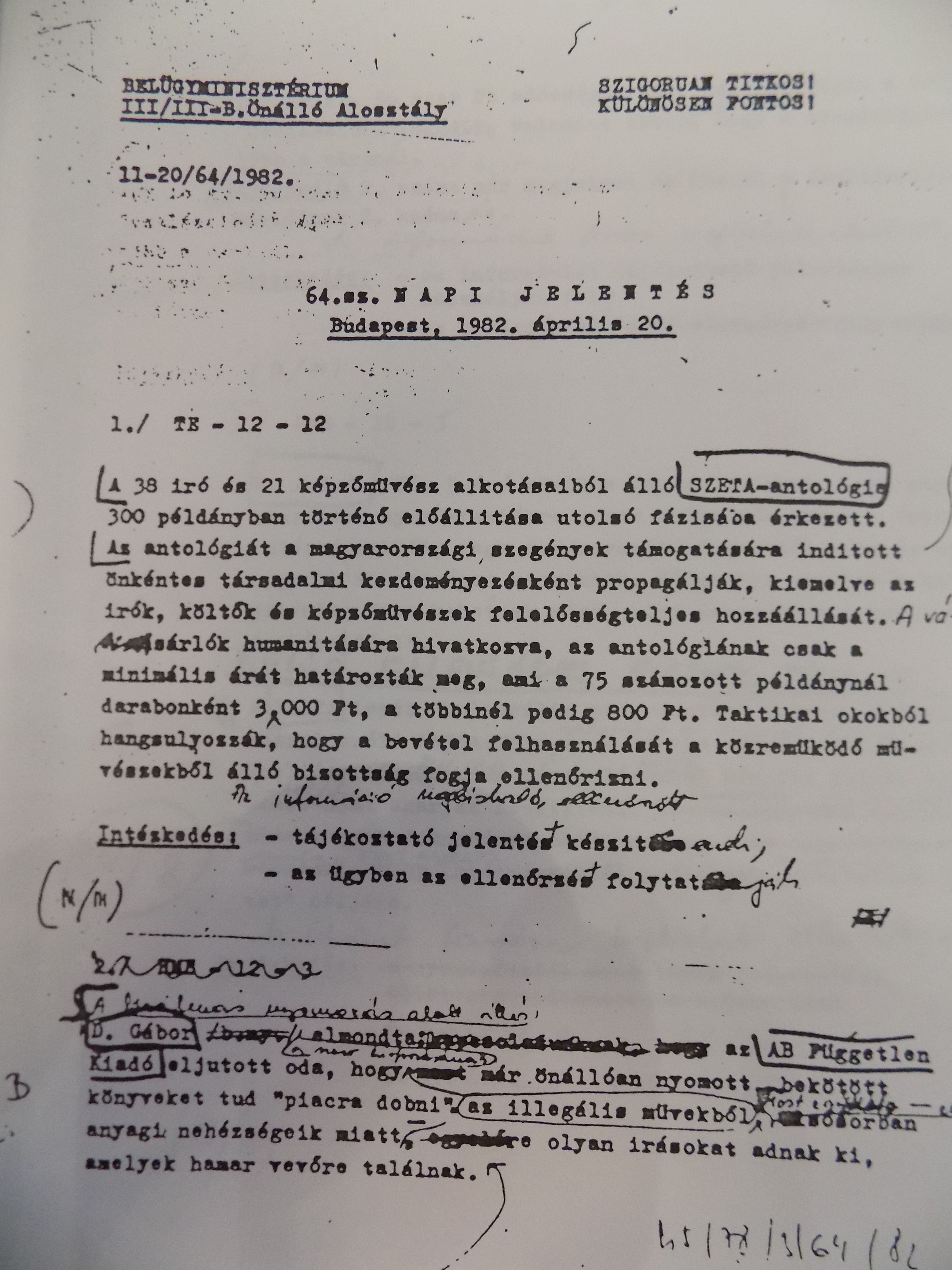 Hungarian secret police report on SZETA's 'illegal activity', 1982