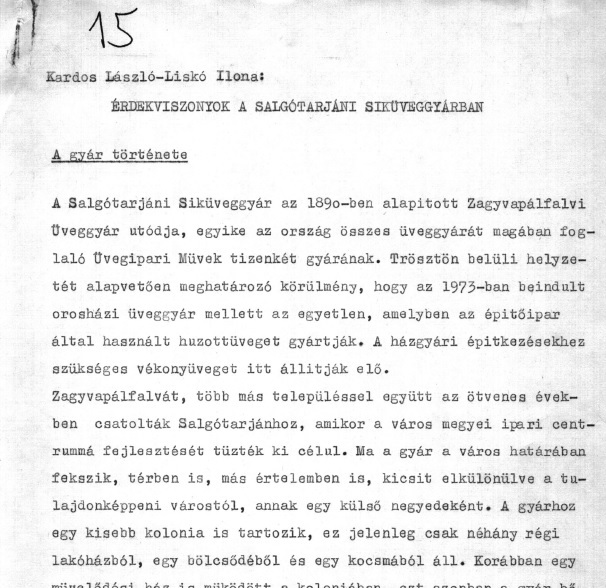The firs page of the unpublished writing 'Vested Interests in the Factory of Fleet Glass at Salgótarján' (1979).