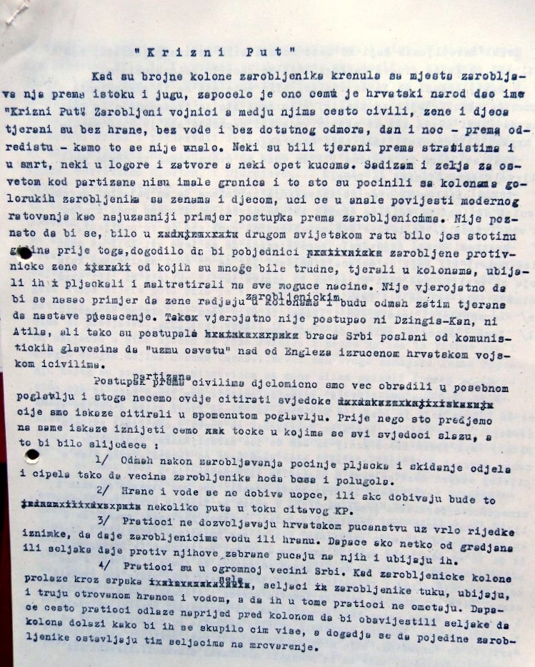 The first page of Draganović's chapter on Death marches ('Križni put').  (2017_10_01)
Croatian State Archives, HR-HDA-1805, Filing folder no. 2, file 9.5.(10) 