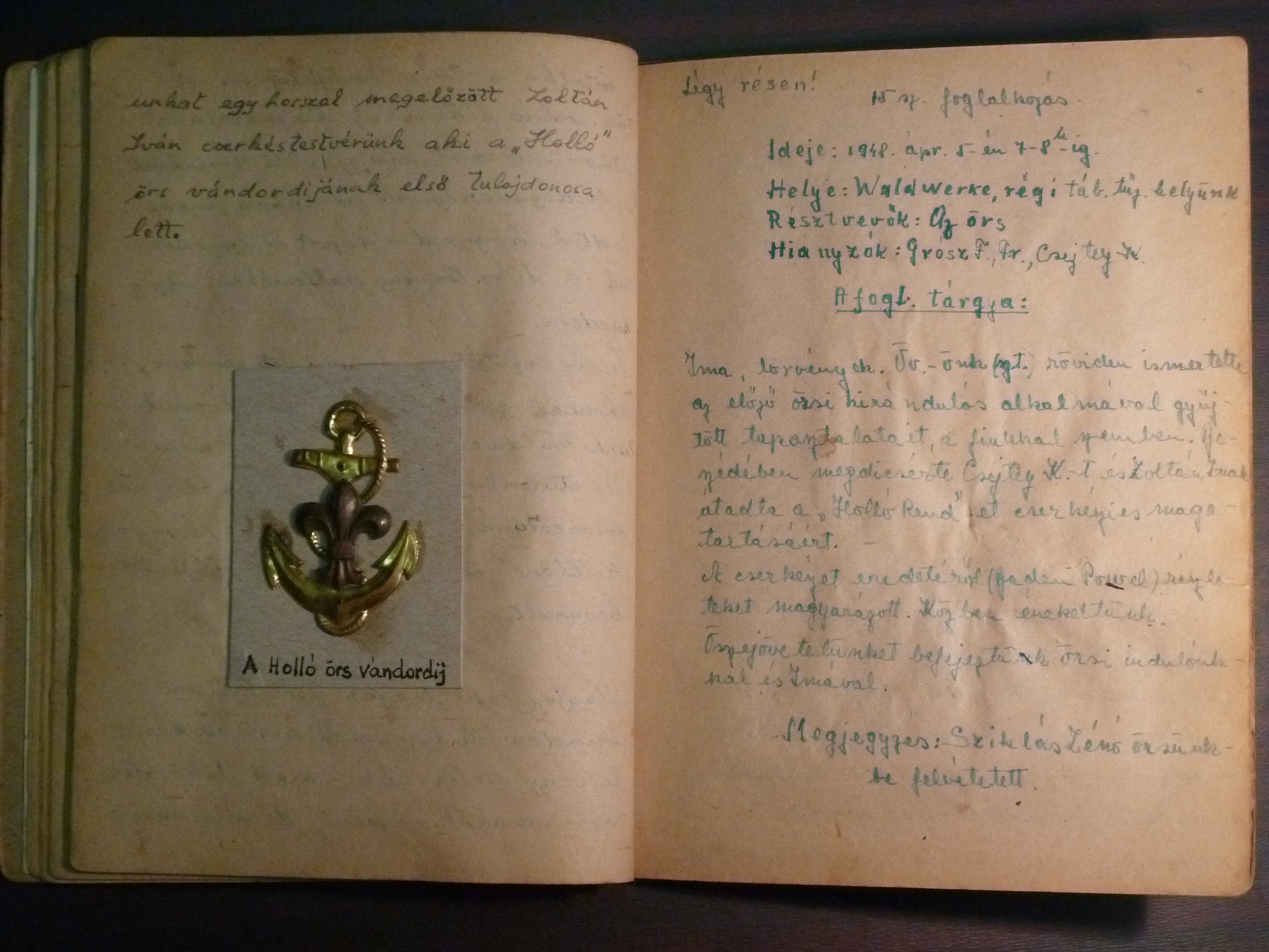 Handwriten illustrated emigrant Hungarian scout diary of peloton 'Raven', section 'Hunyadi', N9 Pál Teleki troop, Passau-Waldwerke, Germay 1947-1949