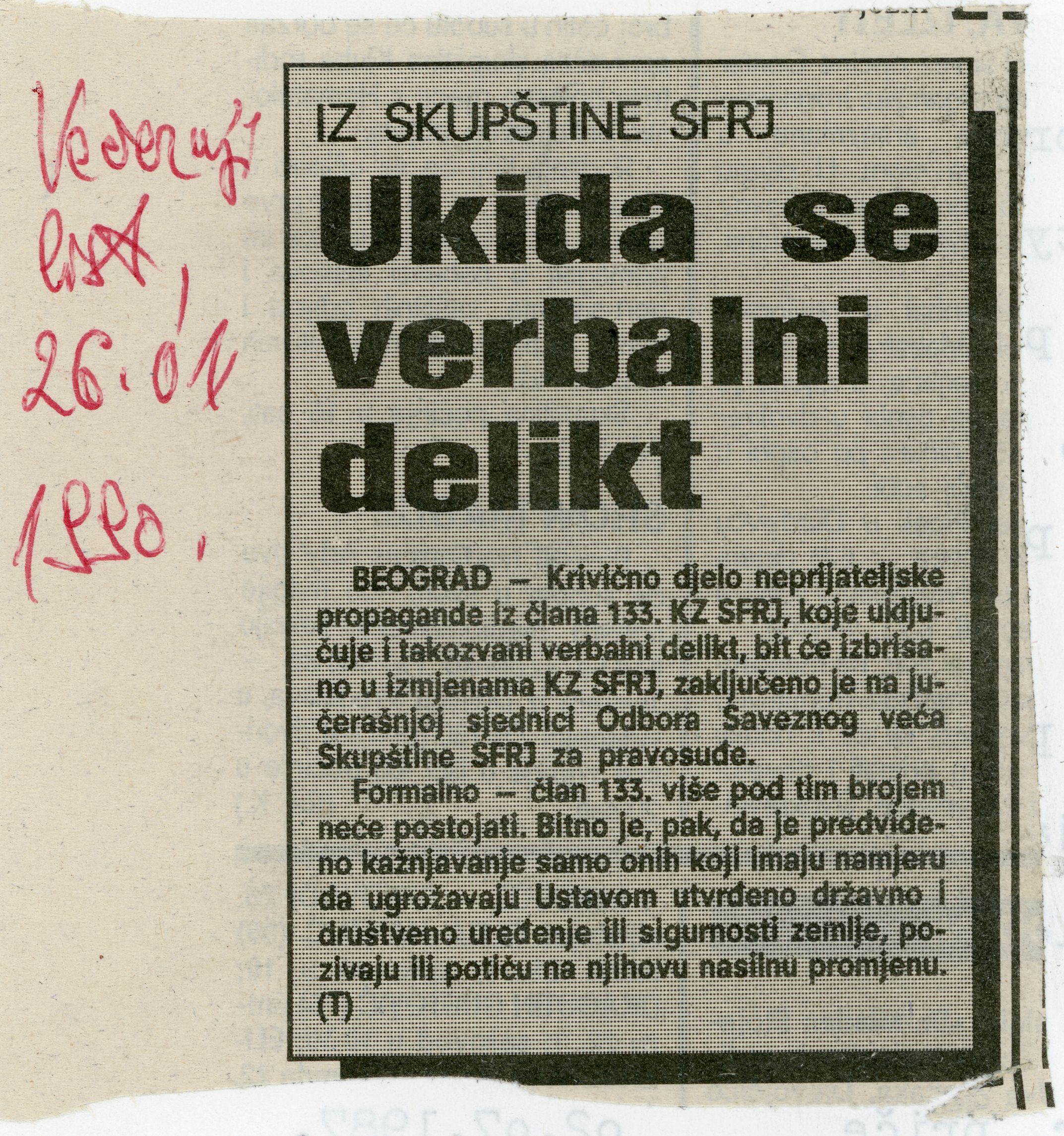 Press clipping 'The Verbal delict is being abolished', Večernji list, 26. April 1990