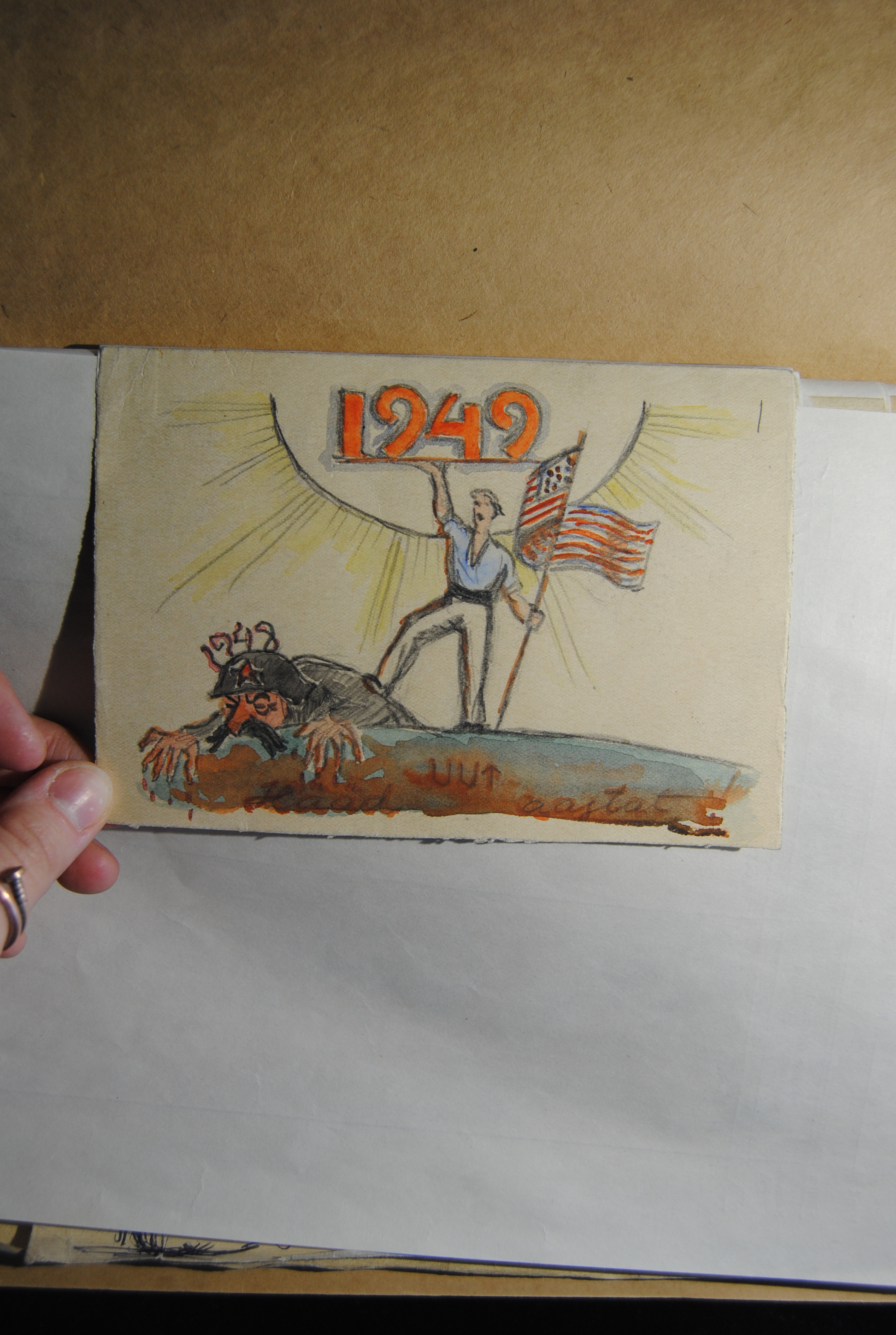 The new year postcard with a political message serves well as an example of drawings added to the case file as evidence materials. It was painted by Lembit Saarts in 1948/49.